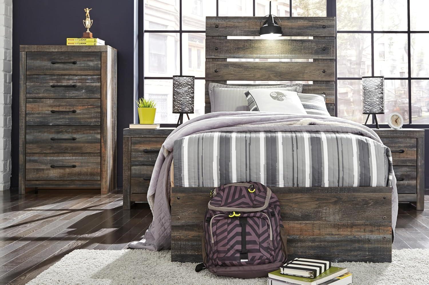 imageSignature Design by Ashley Drystan Rustic Full Bookcase Bed with 2 Storage Drawers and LED Light Foundation or Box Spring Needed Dark Brown amp GrayTwin
