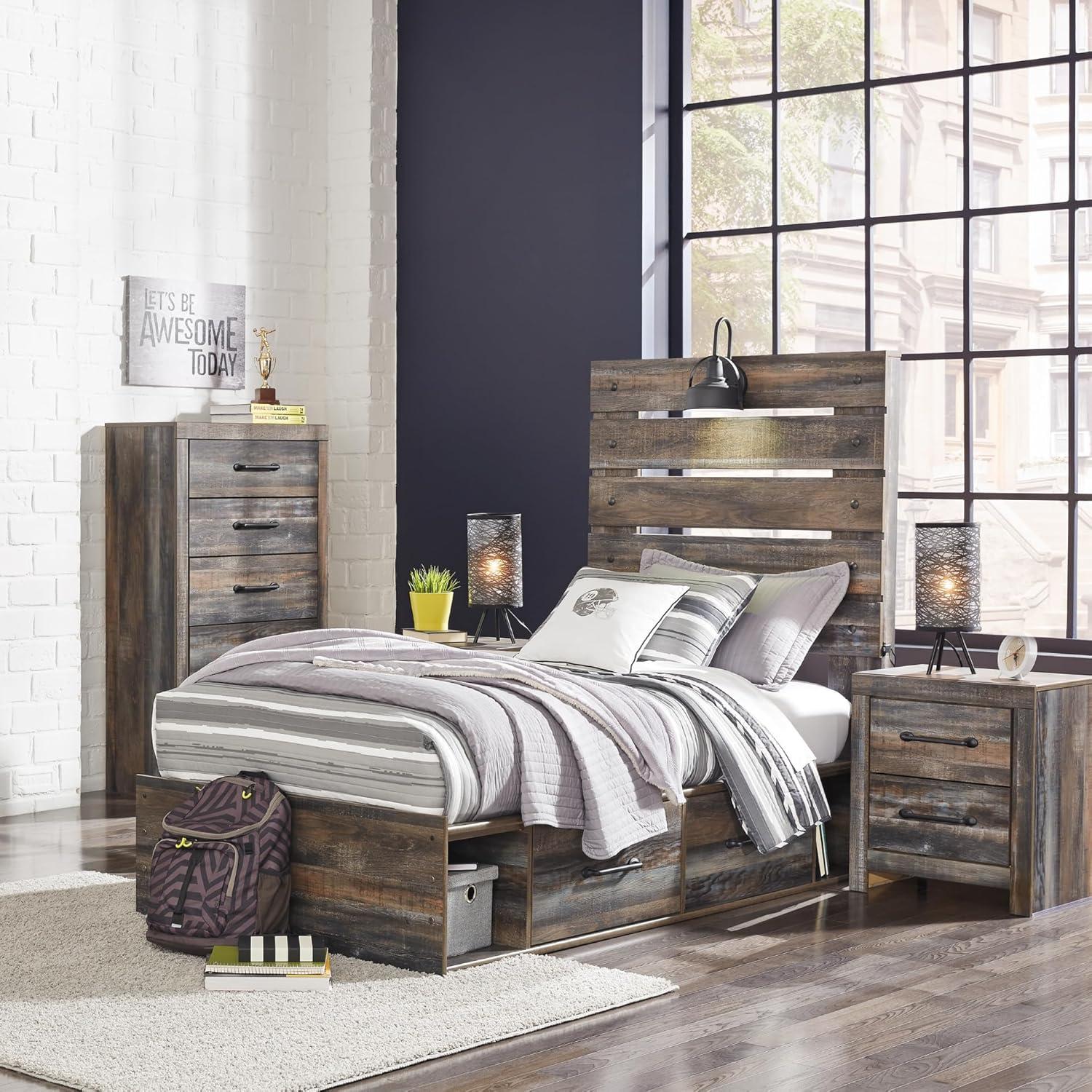 imageSignature Design by Ashley Drystan Rustic Full Bookcase Bed with 2 Storage Drawers and LED Light Foundation or Box Spring Needed Dark Brown amp GrayTwin