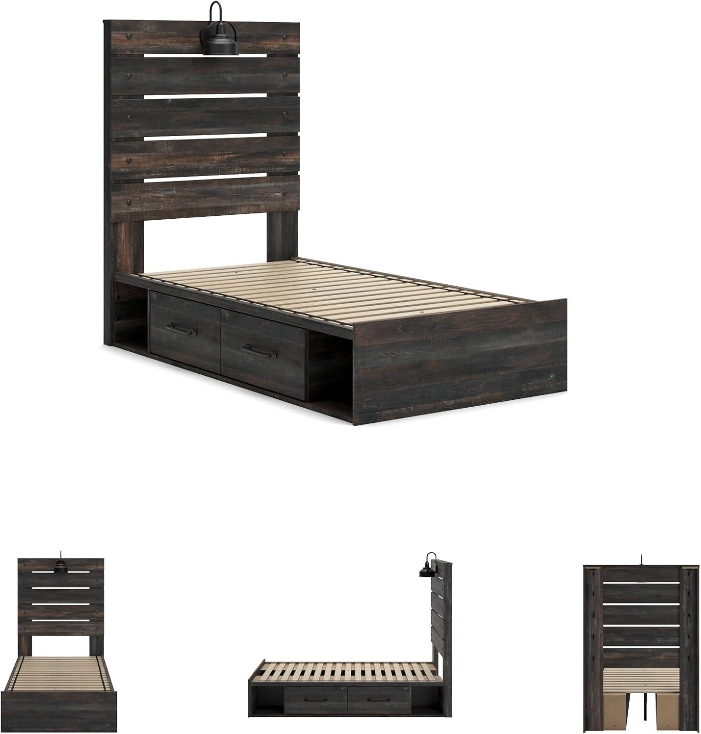imageSignature Design by Ashley Drystan Rustic Full Bookcase Bed with 2 Storage Drawers and LED Light Foundation or Box Spring Needed Dark Brown amp GrayTwin