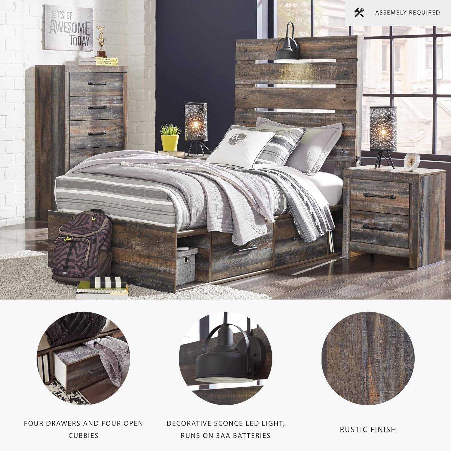 imageSignature Design by Ashley Drystan Rustic Full Bookcase Bed with 2 Storage Drawers and LED Light Foundation or Box Spring Needed Dark Brown amp GrayTwin
