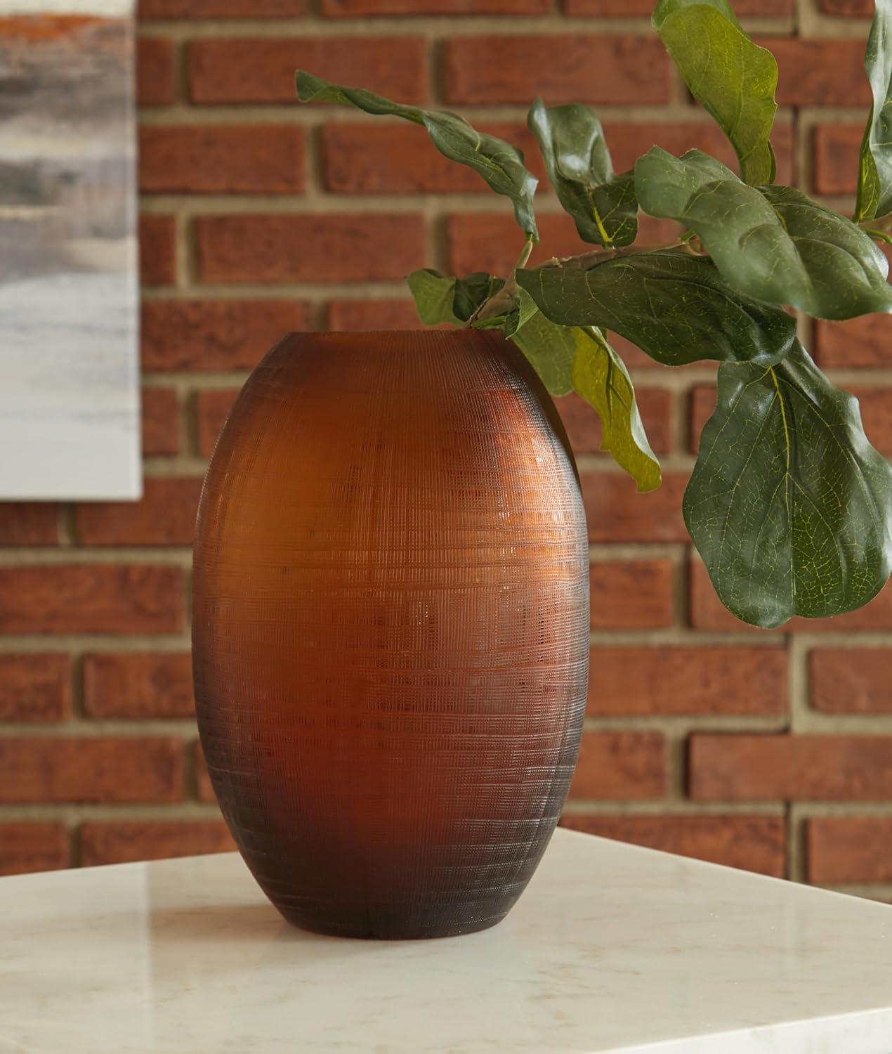 imageSignature Design by Ashley Embersen Contemporary 75 Glass with Grid Texture Tabletop Vase Yellow Orange amp BrownDark Brown
