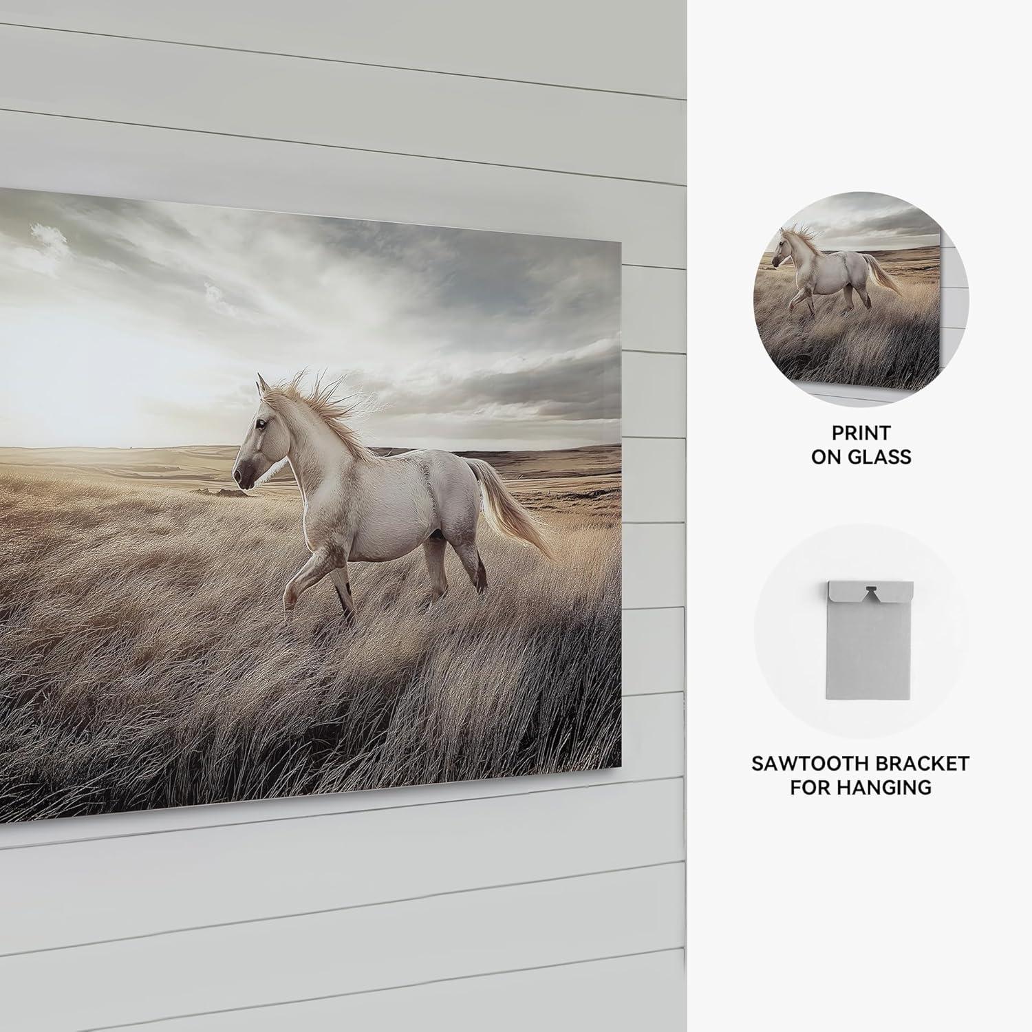 imageSignature Design by Ashley Errolville Wall Art Large Print on Glass with Wild Horse Horizontal Hanging Decor for Living Room or Dining Room Walls Warm Earth Tones