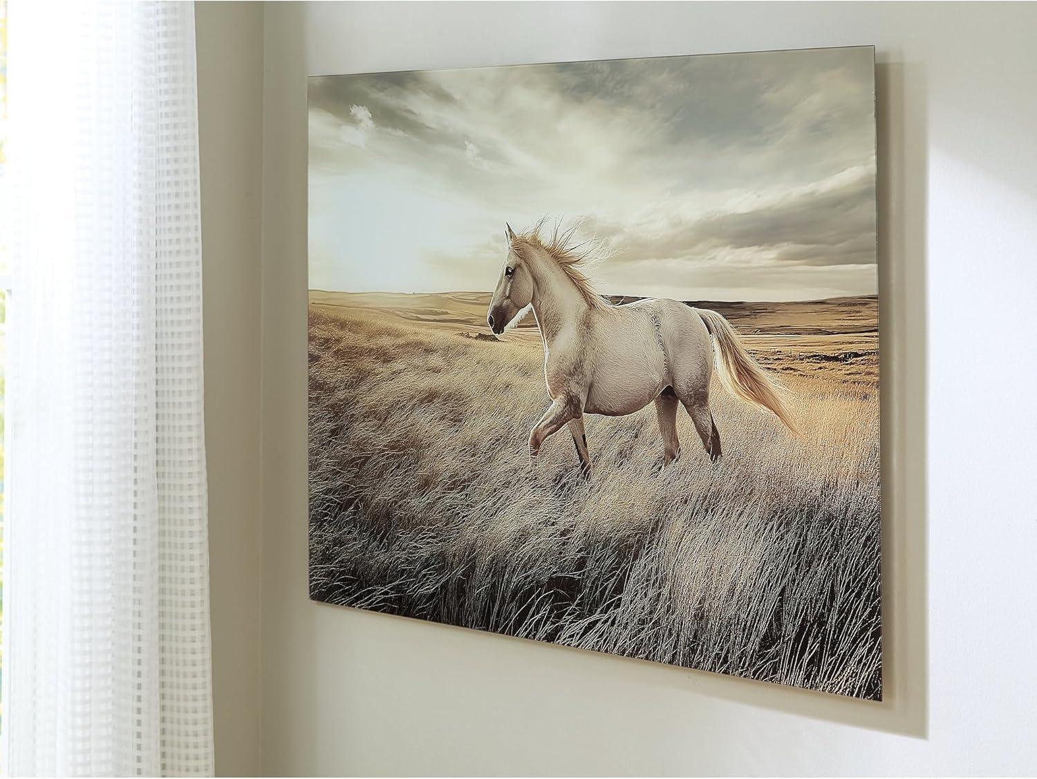 imageSignature Design by Ashley Errolville Wall Art Large Print on Glass with Wild Horse Horizontal Hanging Decor for Living Room or Dining Room Walls Warm Earth Tones