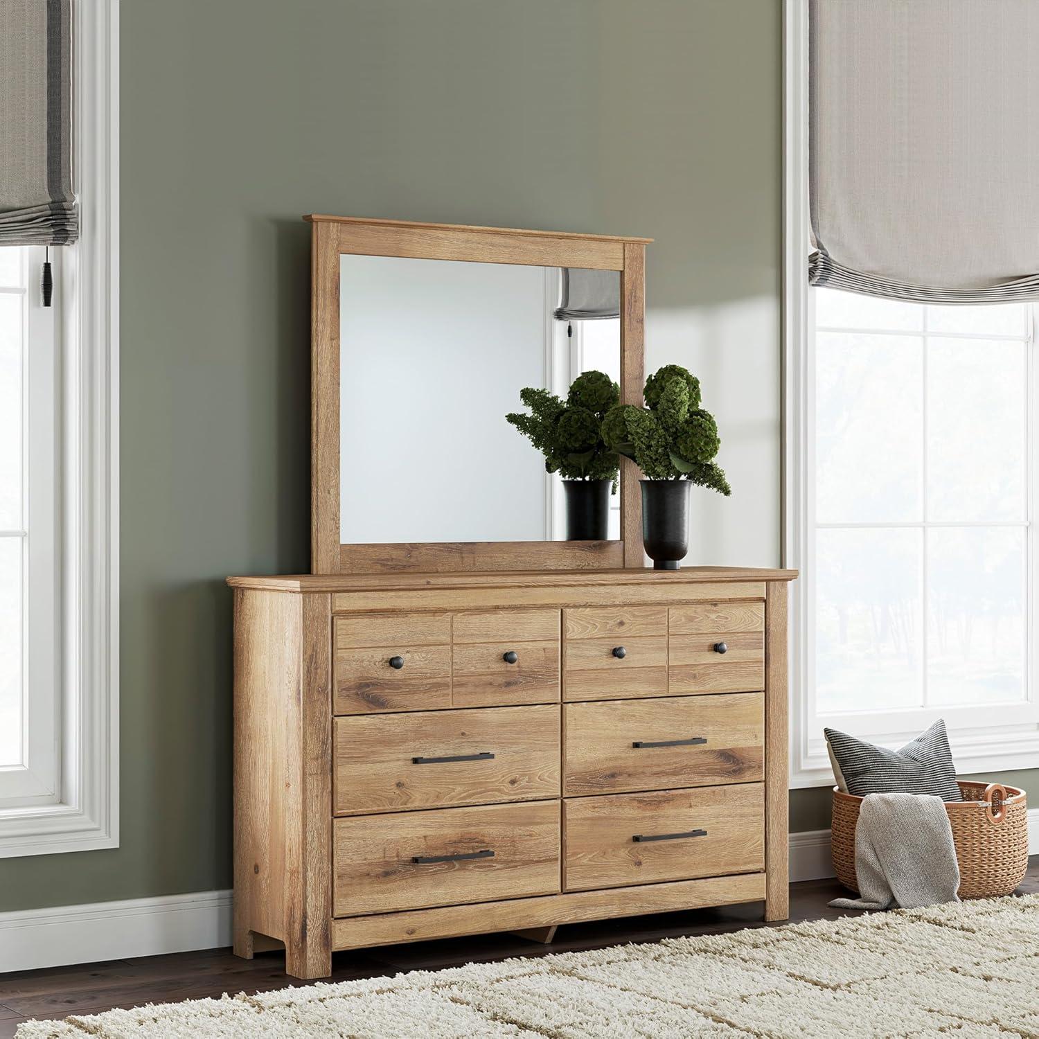 imageSignature Design by Ashley Fenderport Bedroom Dresser with Mirror Casual Cottage Storage Engineered Wood with Replicated Oak Grain Natural Brown FinishNatural Brown