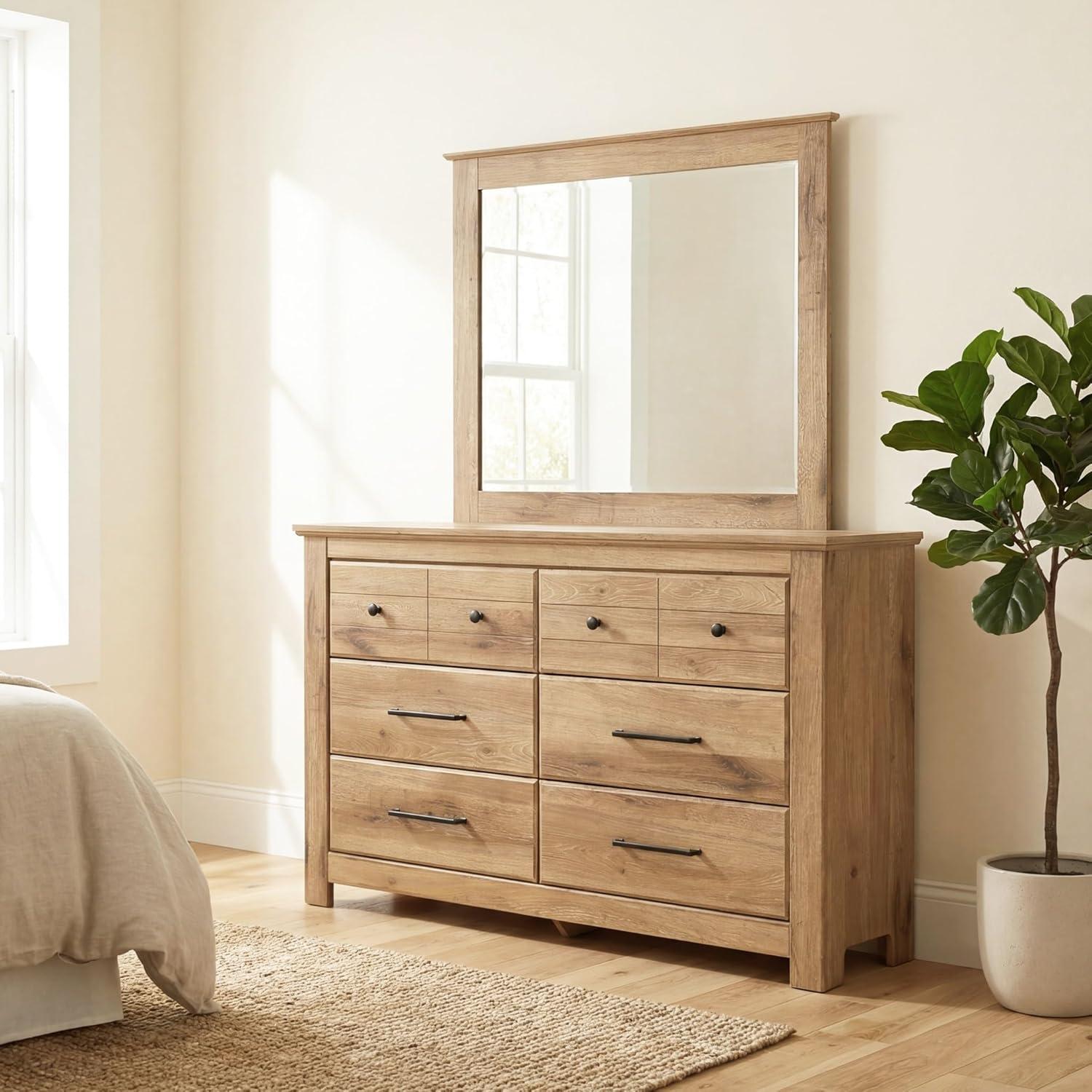 imageSignature Design by Ashley Fenderport Bedroom Dresser with Mirror Casual Cottage Storage Engineered Wood with Replicated Oak Grain Natural Brown FinishNatural Brown