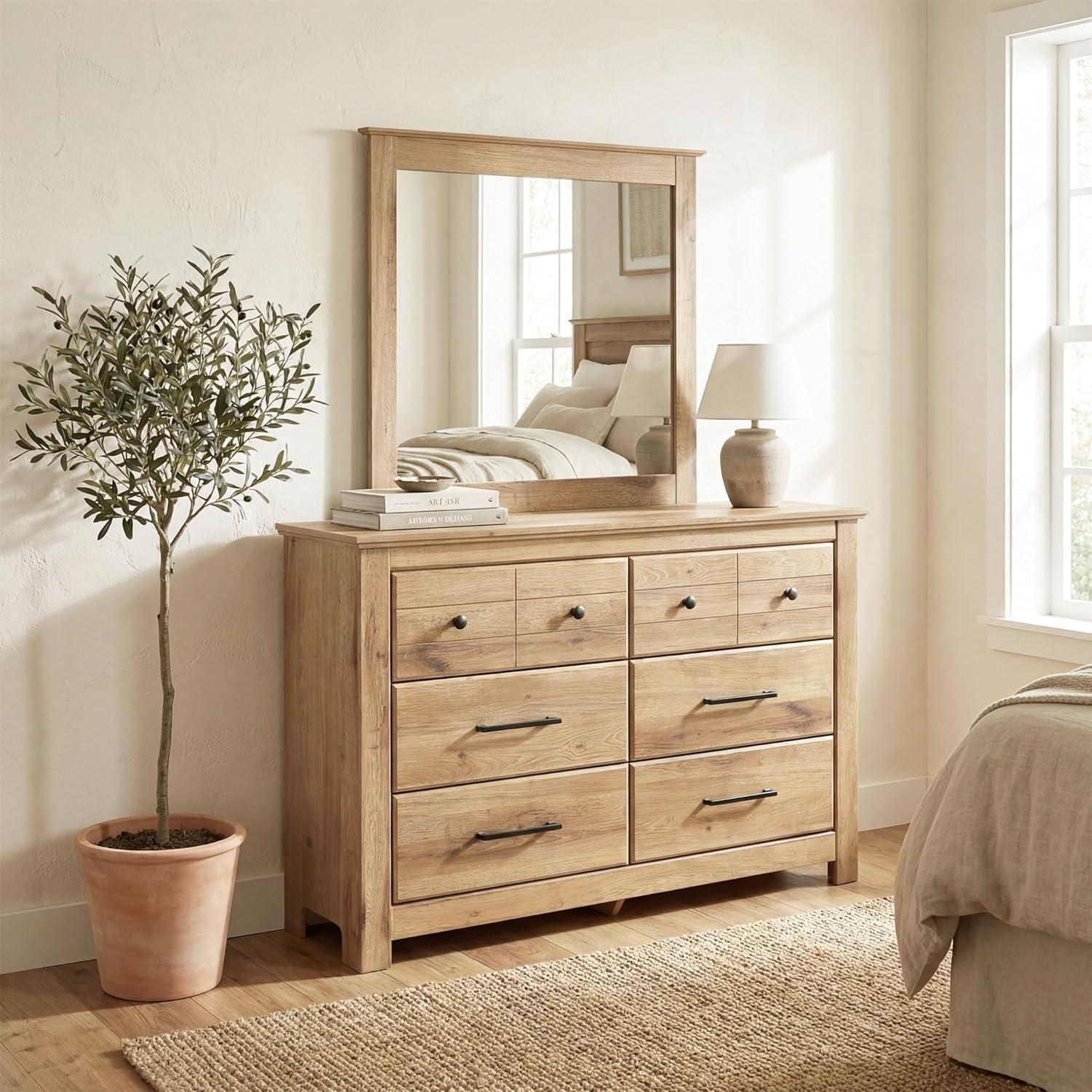 imageSignature Design by Ashley Fenderport Bedroom Dresser with Mirror Casual Cottage Storage Engineered Wood with Replicated Oak Grain Natural Brown FinishNatural Brown