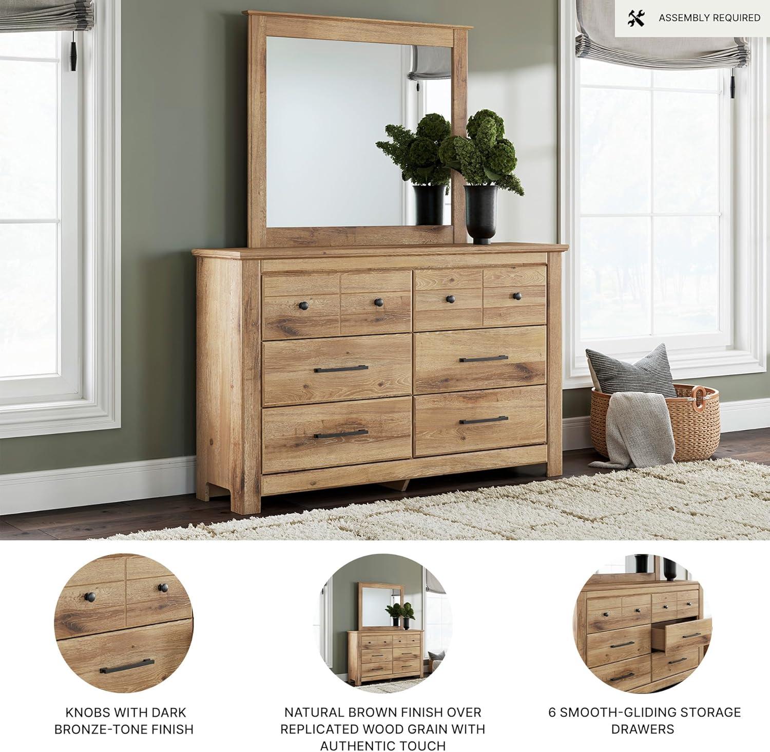imageSignature Design by Ashley Fenderport Bedroom Dresser with Mirror Casual Cottage Storage Engineered Wood with Replicated Oak Grain Natural Brown FinishNatural Brown