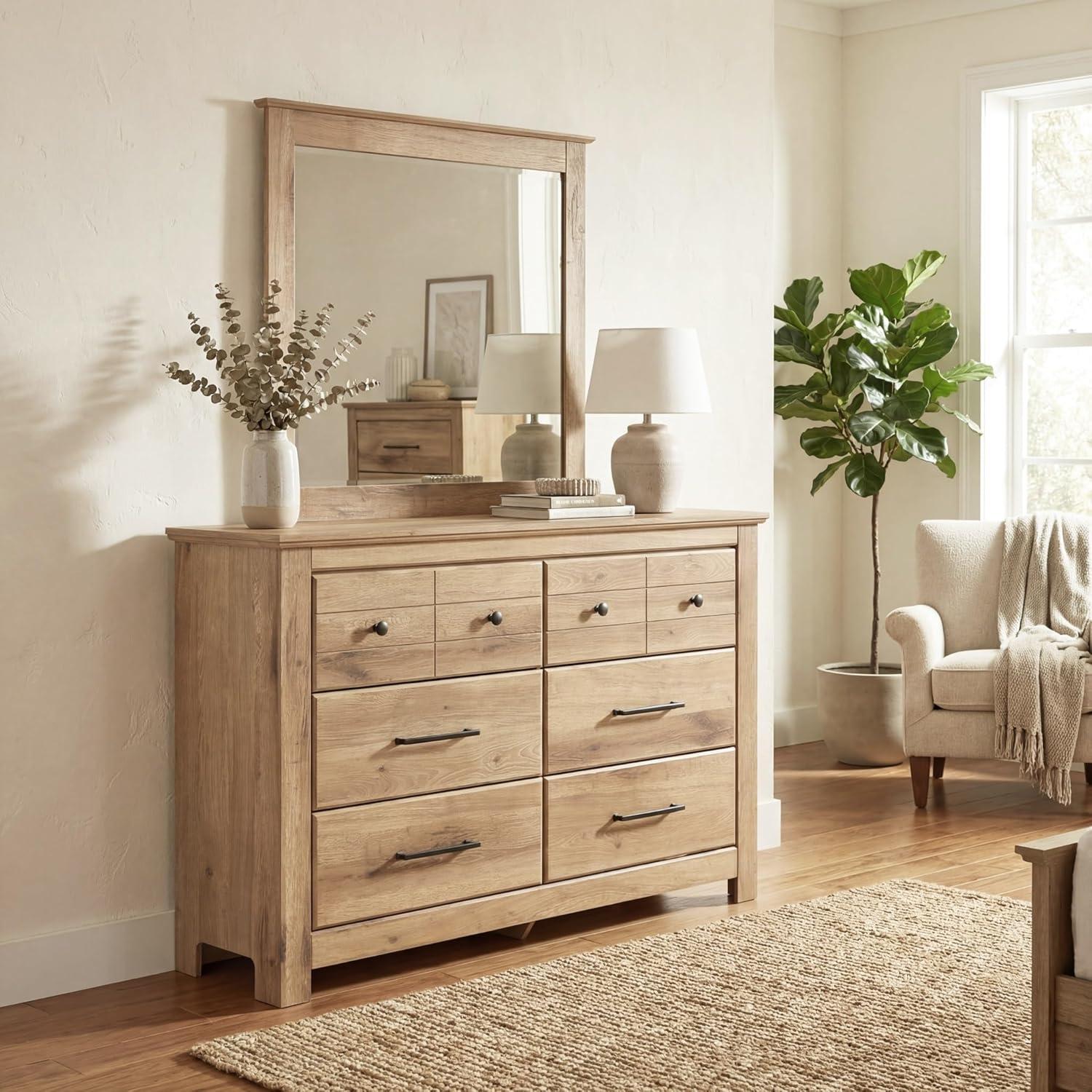 imageSignature Design by Ashley Fenderport Bedroom Dresser with Mirror Casual Cottage Storage Engineered Wood with Replicated Oak Grain Natural Brown FinishNatural Brown