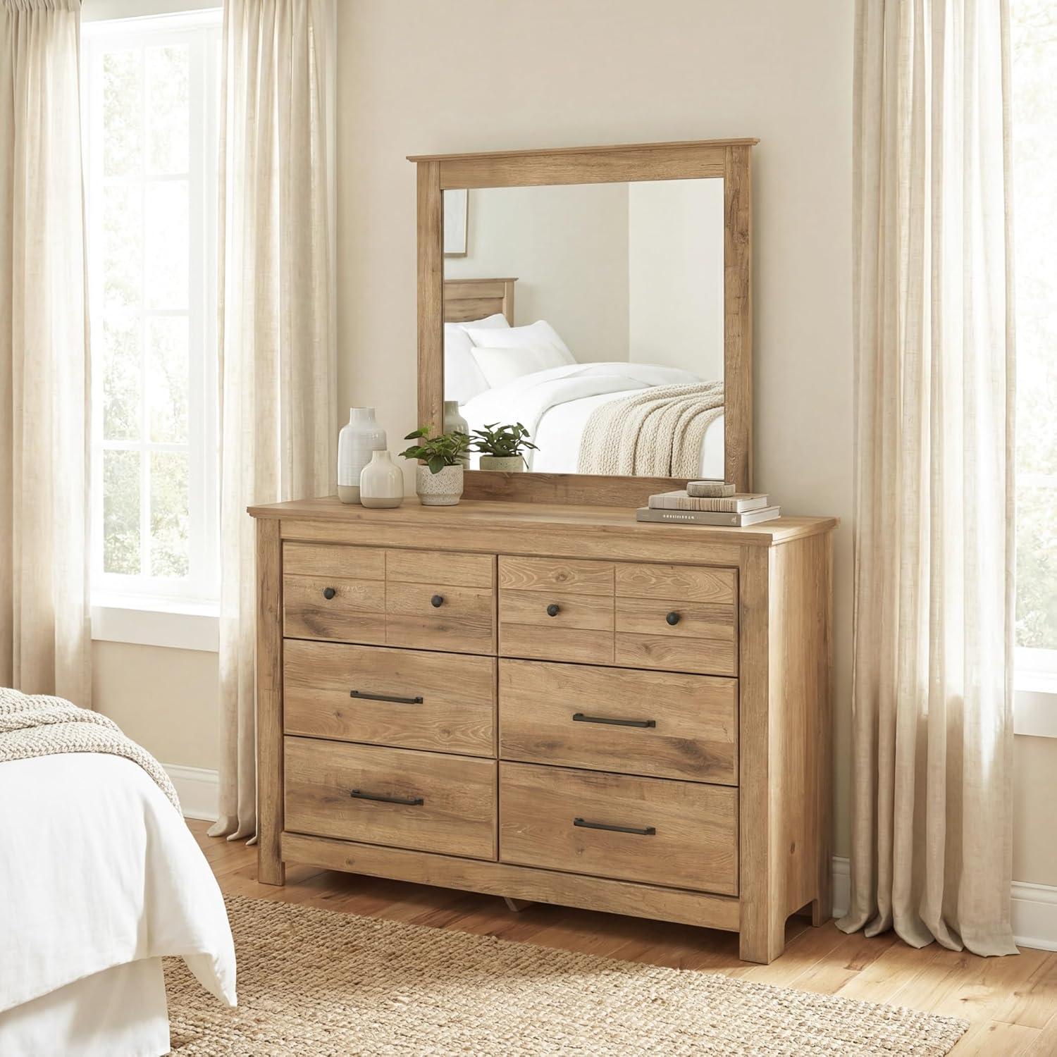 imageSignature Design by Ashley Fenderport Bedroom Dresser with Mirror Casual Cottage Storage Engineered Wood with Replicated Oak Grain Natural Brown FinishNatural Brown
