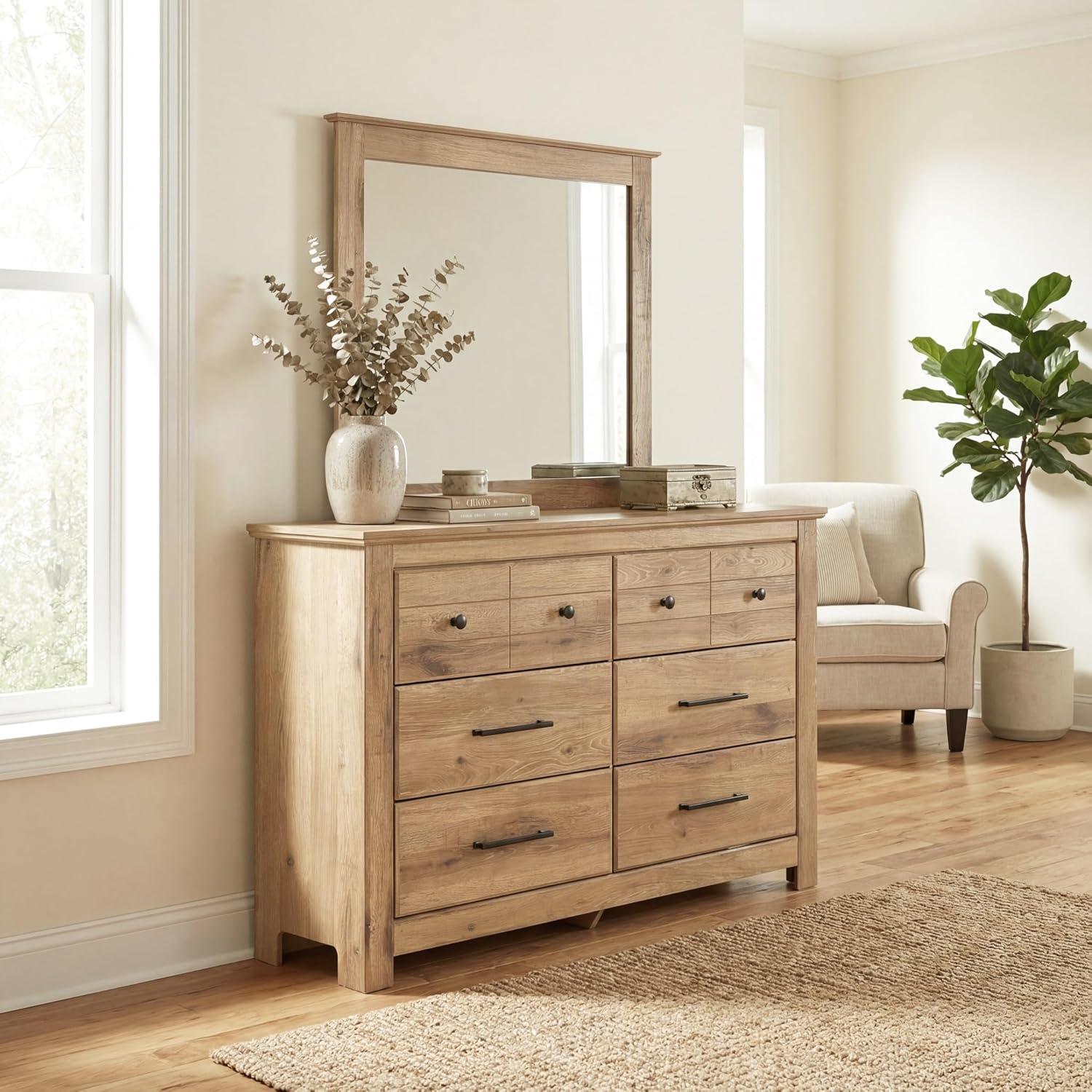 imageSignature Design by Ashley Fenderport Bedroom Dresser with Mirror Casual Cottage Storage Engineered Wood with Replicated Oak Grain Natural Brown FinishNatural Brown