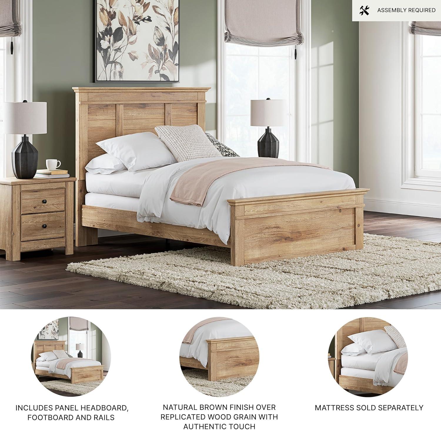 imageSignature Design by Ashley Fenderport Full Bed Frame with Panel Headboard and Footboard Cottage Bedroom Style for Guest Rooms and Teens Natural Brown