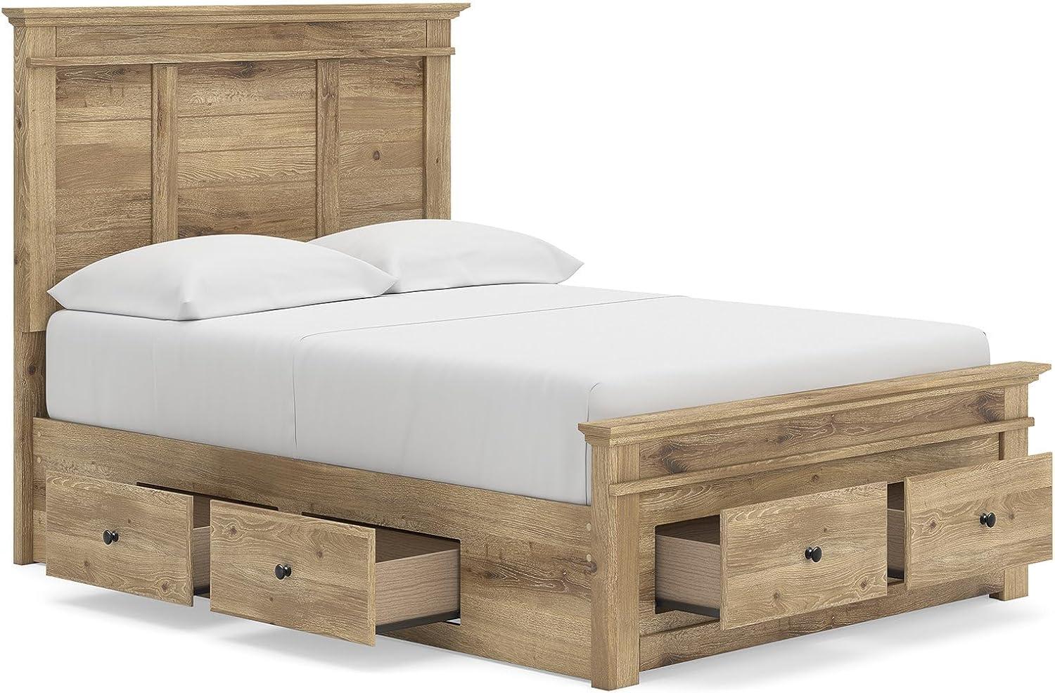 imageSignature Design by Ashley Fenderport Full Bedframe with Headboard Panel Platform Bed with 6 Storage Drawers Casual Cottage Bedroom Furniture for Everyday Use Natural Brown
