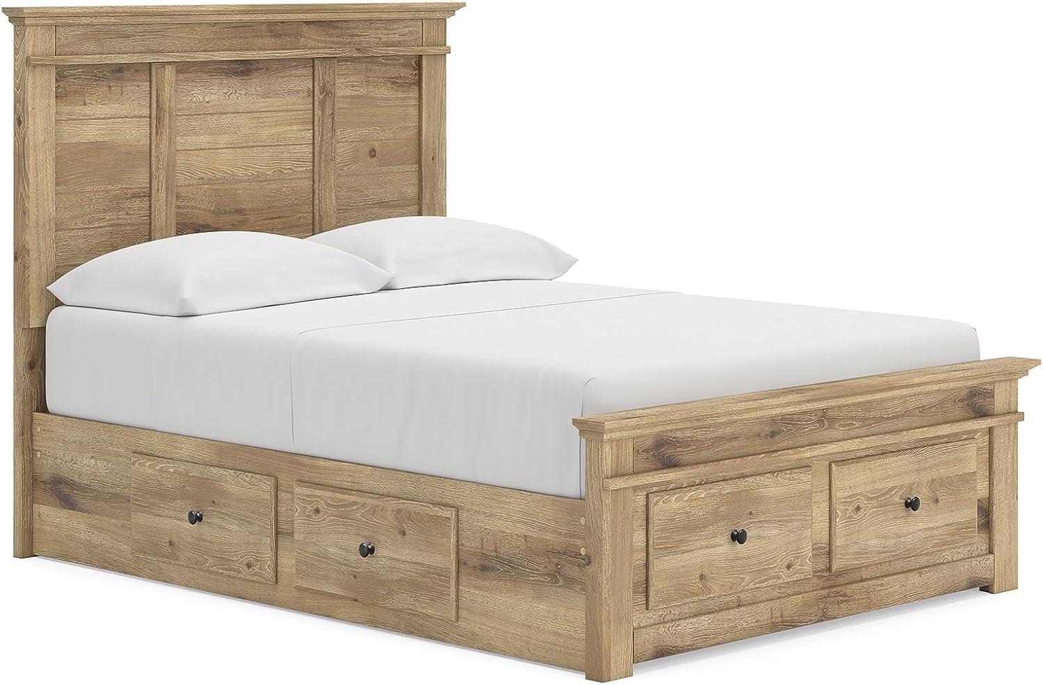 imageSignature Design by Ashley Fenderport Full Bedframe with Headboard Panel Platform Bed with 6 Storage Drawers Casual Cottage Bedroom Furniture for Everyday Use Natural Brown