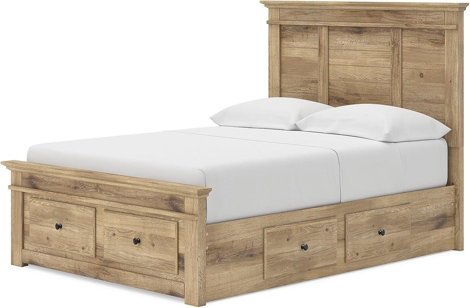imageSignature Design by Ashley Fenderport Full Bedframe with Headboard Panel Platform Bed with 6 Storage Drawers Casual Cottage Bedroom Furniture for Everyday Use Natural Brown