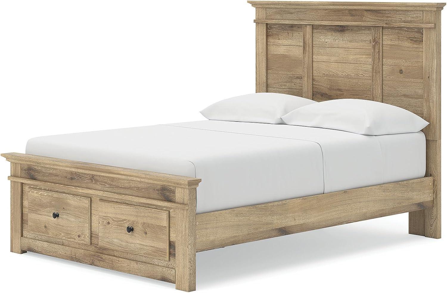 imageSignature Design by Ashley Fenderport Full Bedframe with Headboard and 4 Drawers Panel Platform Bed with Footboard Storage Casual Cottage Bedroom Furniture Natural Brown