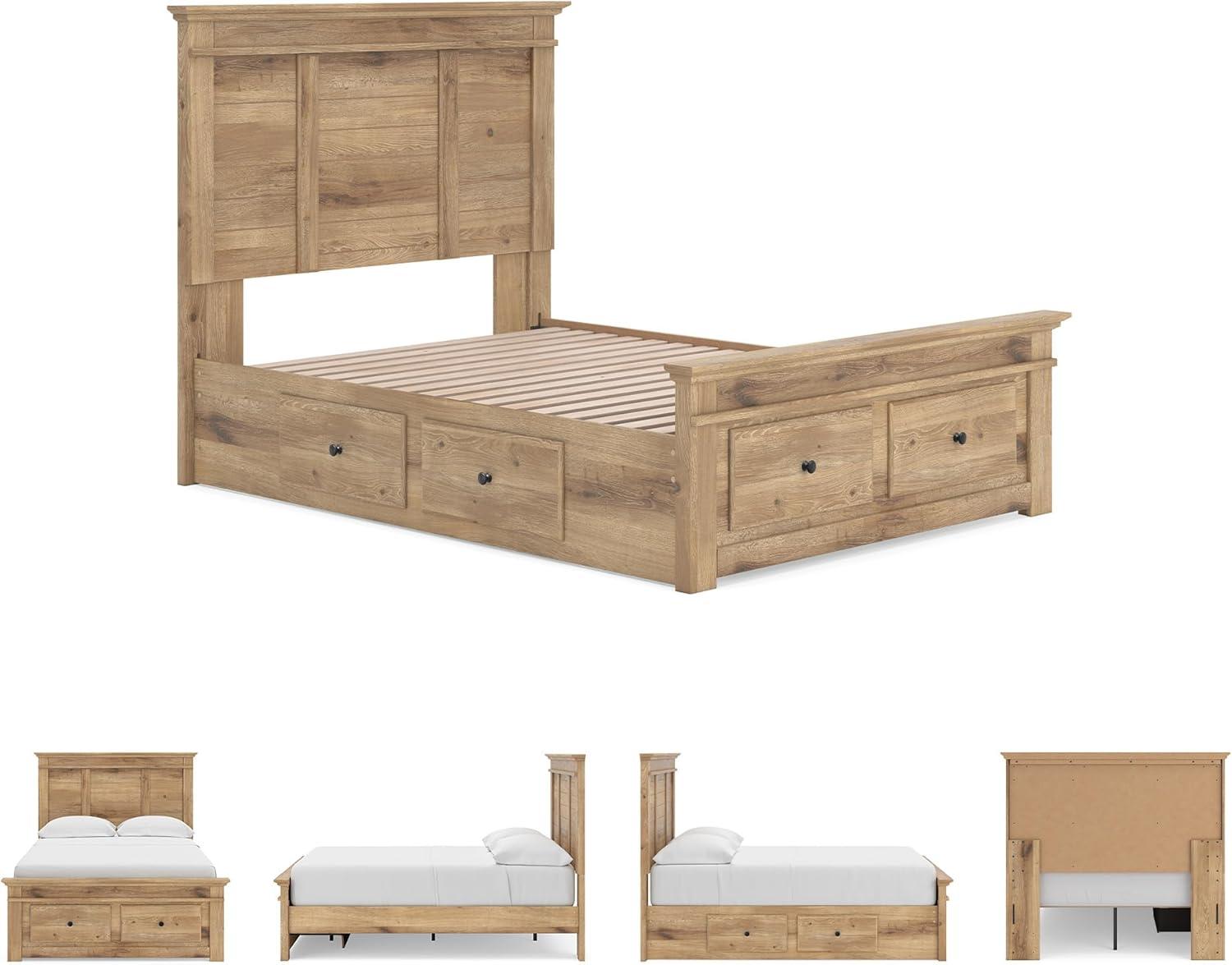 imageSignature Design by Ashley Fenderport Full Bedframe with Headboard and 4 Drawers Panel Platform Bed with Footboard Storage Casual Cottage Bedroom Furniture Natural Brown
