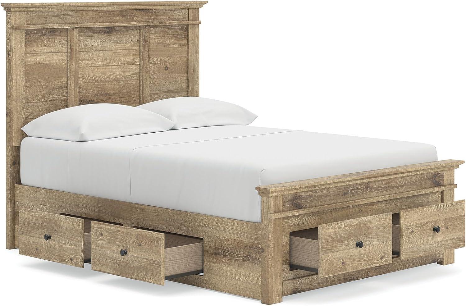 imageSignature Design by Ashley Fenderport Full Bedframe with Headboard and 4 Drawers Panel Platform Bed with Footboard Storage Casual Cottage Bedroom Furniture Natural Brown