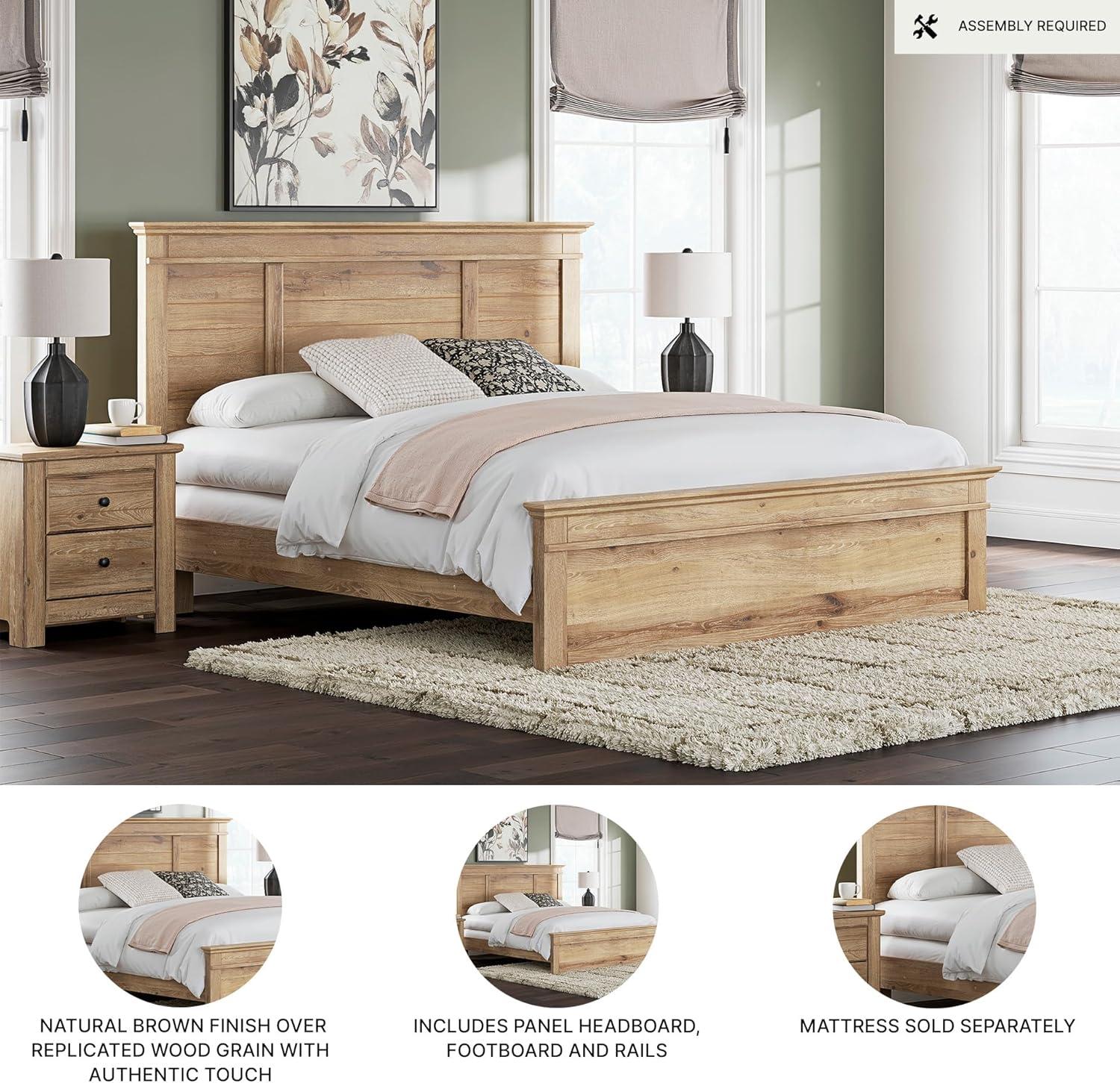 imageSignature Design by Ashley Fenderport King Panel Bedframe CottageInspired Bed Frame with Headboard Engineered Wood with Decorative Laminate Bedroom Furniture Natural Brown