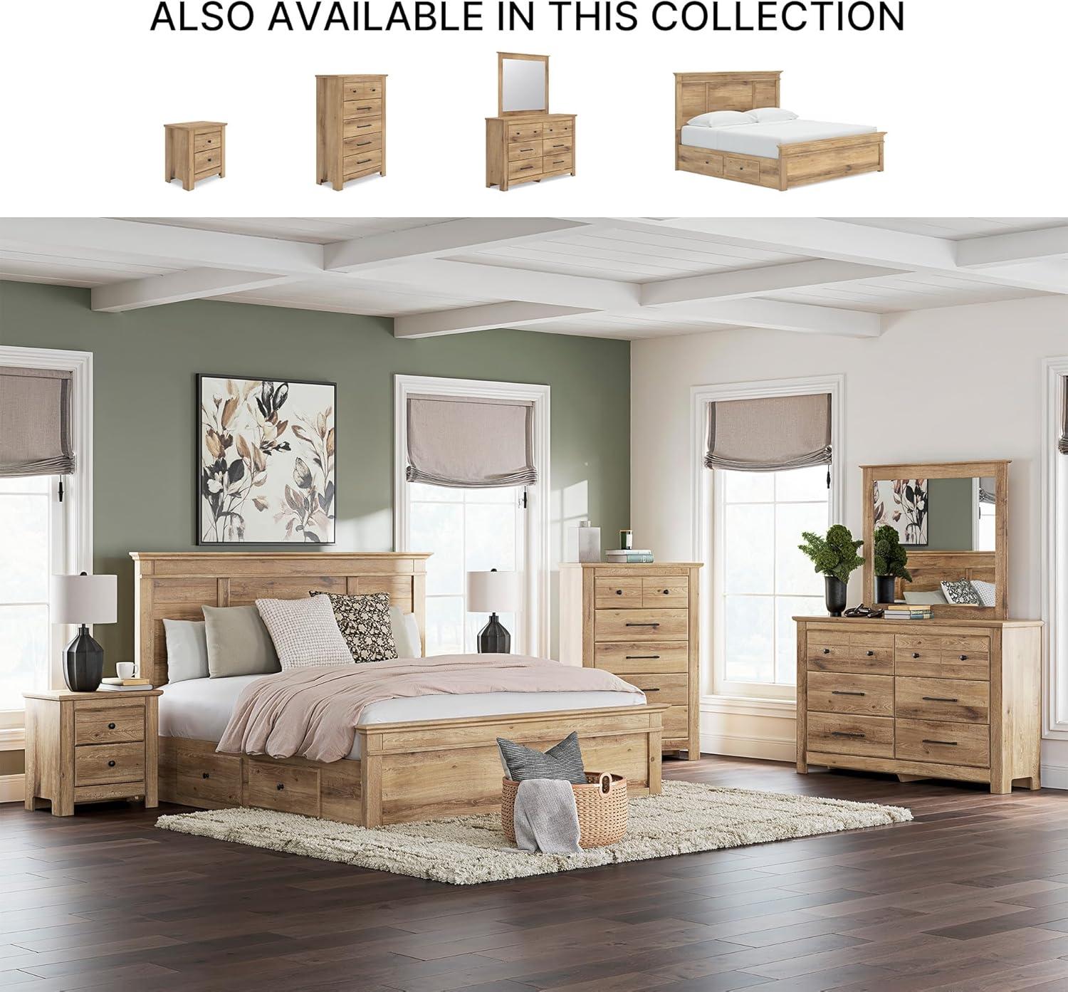 imageSignature Design by Ashley Fenderport King Platform Bed Frame with 2 Storage Drawers Panel Headboard and Footboard Cottage Bedroom Style Natural Brown