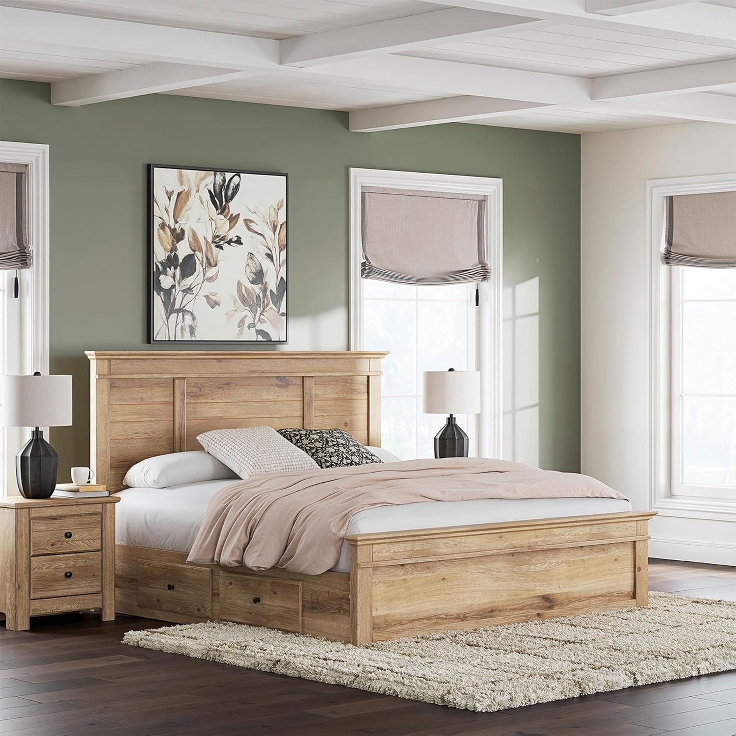 imageSignature Design by Ashley Fenderport King Platform Bed Frame with 2 Storage Drawers Panel Headboard and Footboard Cottage Bedroom Style Natural Brown