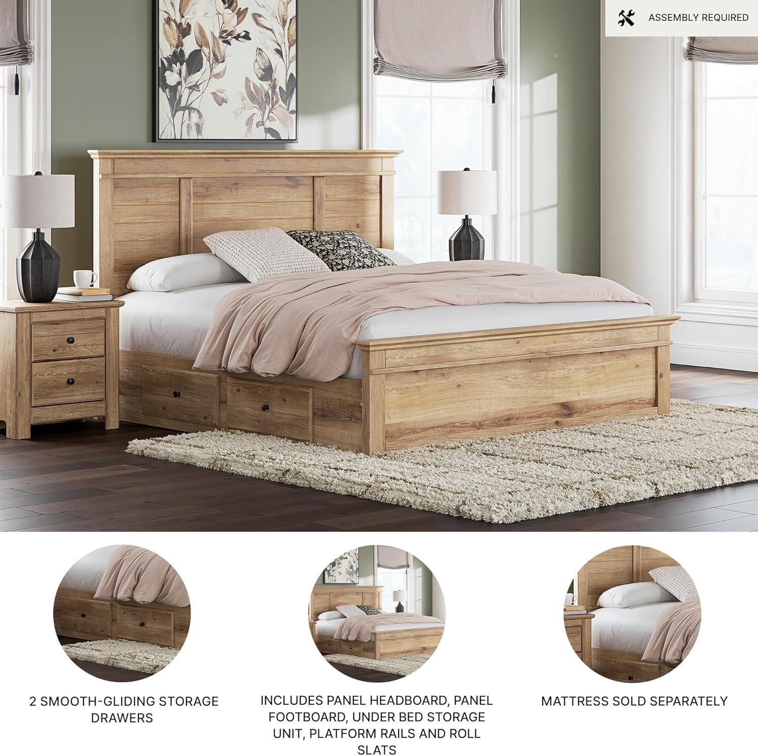 imageSignature Design by Ashley Fenderport King Platform Bed Frame with 2 Storage Drawers Panel Headboard and Footboard Cottage Bedroom Style Natural Brown