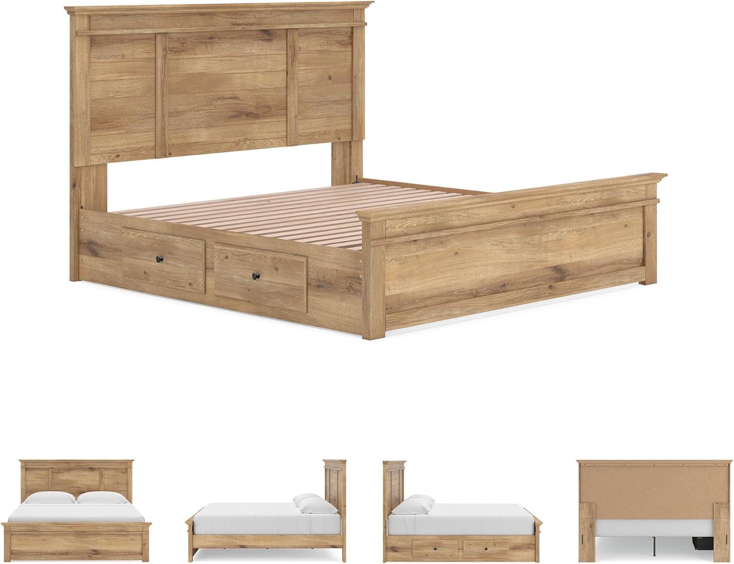 imageSignature Design by Ashley Fenderport King Platform Bed Frame with 2 Storage Drawers Panel Headboard and Footboard Cottage Bedroom Style Natural Brown