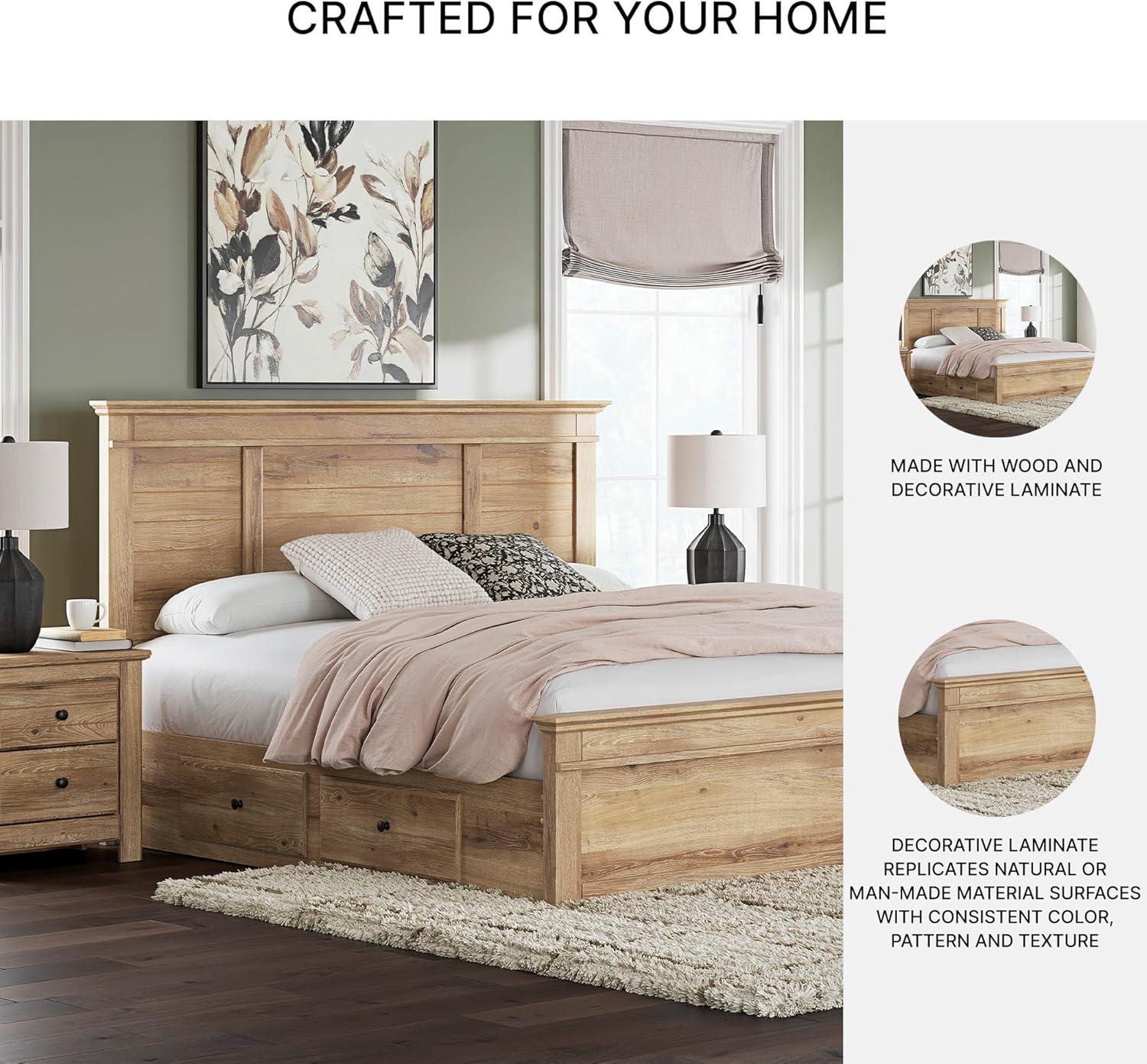 imageSignature Design by Ashley Fenderport King Platform Bed Frame with 2 Storage Drawers Panel Headboard and Footboard Cottage Bedroom Style Natural Brown
