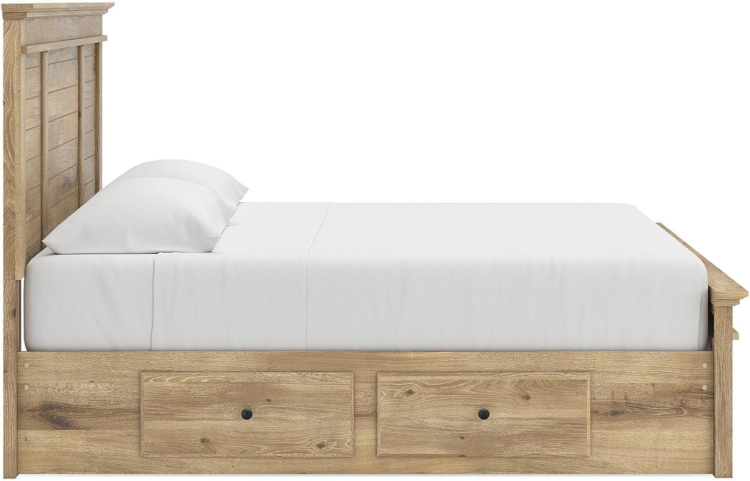 imageSignature Design by Ashley Fenderport King Platform Bed Frame with 2 Storage Drawers Panel Headboard and Footboard Cottage Bedroom Style Natural Brown