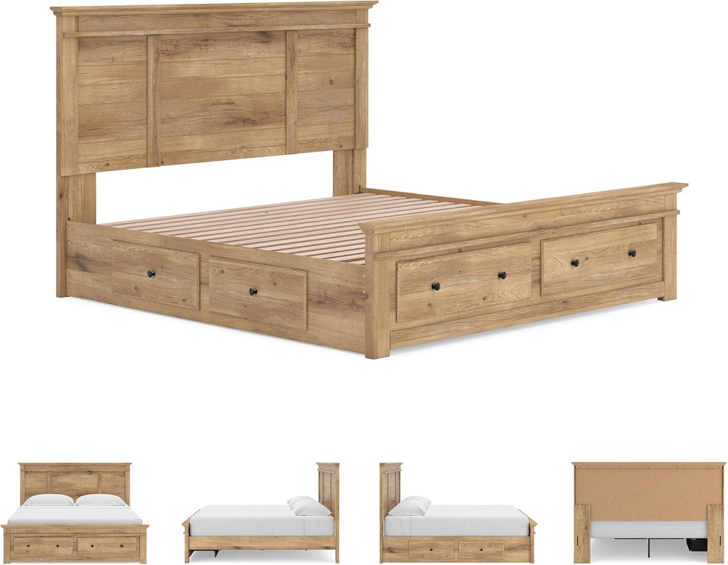 imageSignature Design by Ashley Fenderport King Platform Bed Frame with 4 Drawers Panel Headboard and Storage Footboard Cottage Bedroom Style Natural Brown