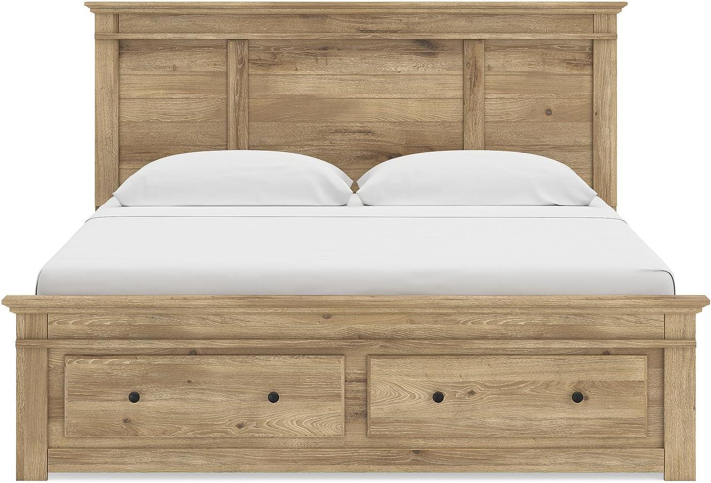 imageSignature Design by Ashley Fenderport King Platform Bed Frame with 4 Storage Drawers Panel Headboard and Footboard Cottage Bedroom Style Natural Brown