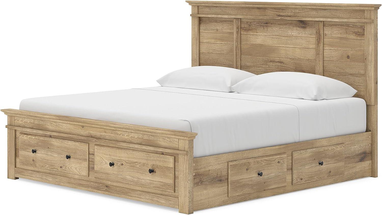 imageSignature Design by Ashley Fenderport King Platform Bed Frame with 4 Storage Drawers Panel Headboard and Footboard Cottage Bedroom Style Natural Brown