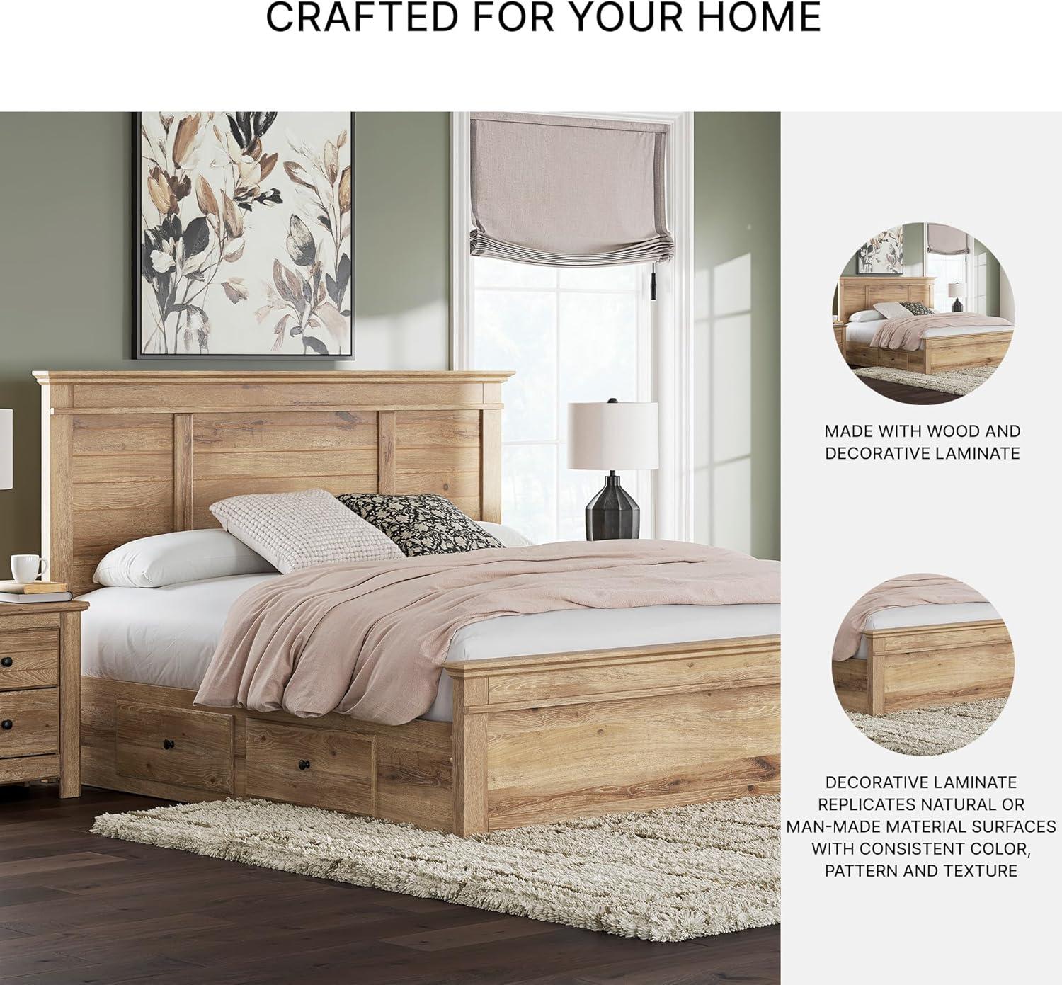 imageSignature Design by Ashley Fenderport King Platform Bed Frame with 4 Storage Drawers Panel Headboard and Footboard Cottage Bedroom Style Natural Brown