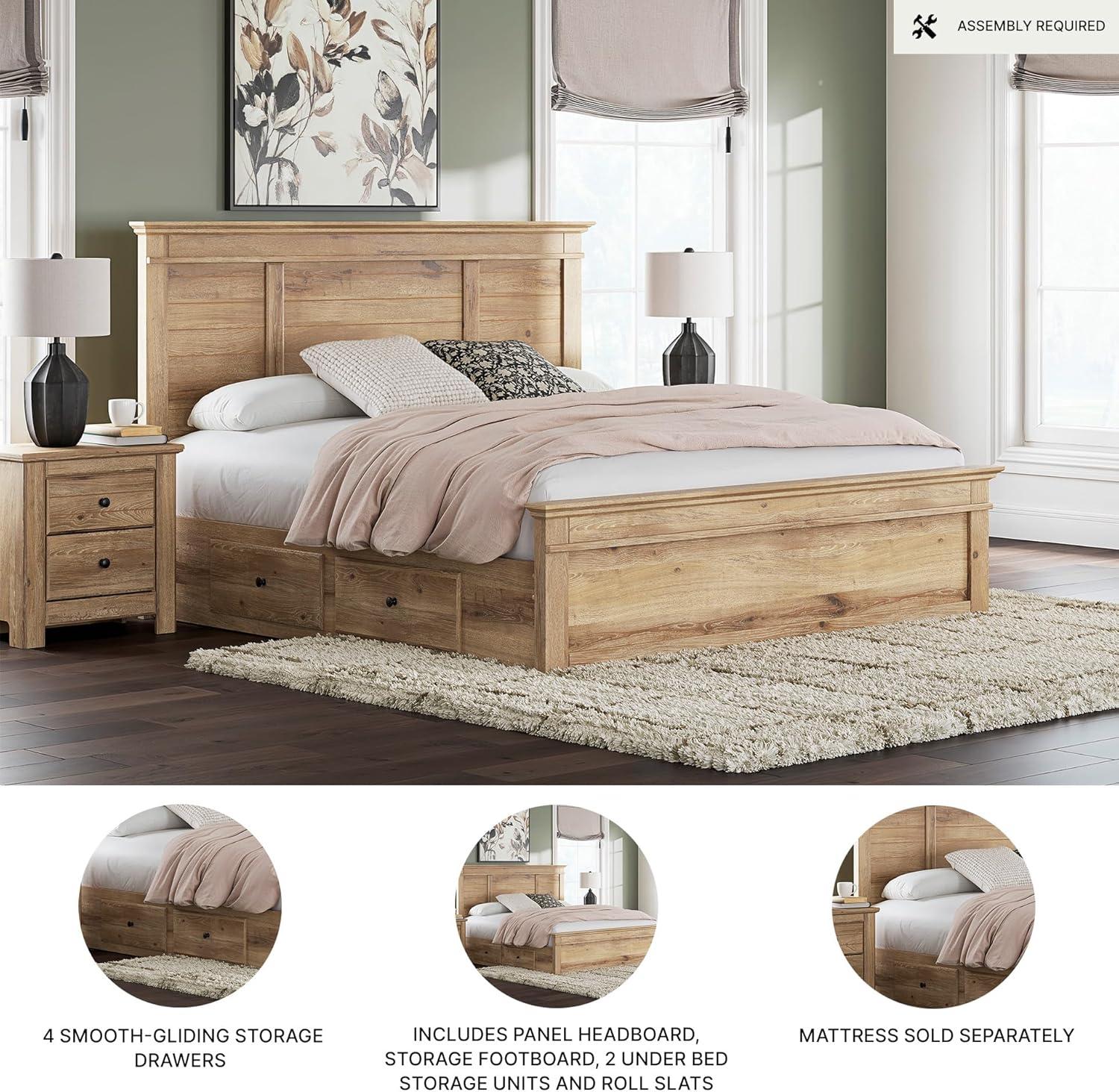 imageSignature Design by Ashley Fenderport King Platform Bed Frame with 4 Storage Drawers Panel Headboard and Footboard Cottage Bedroom Style Natural Brown