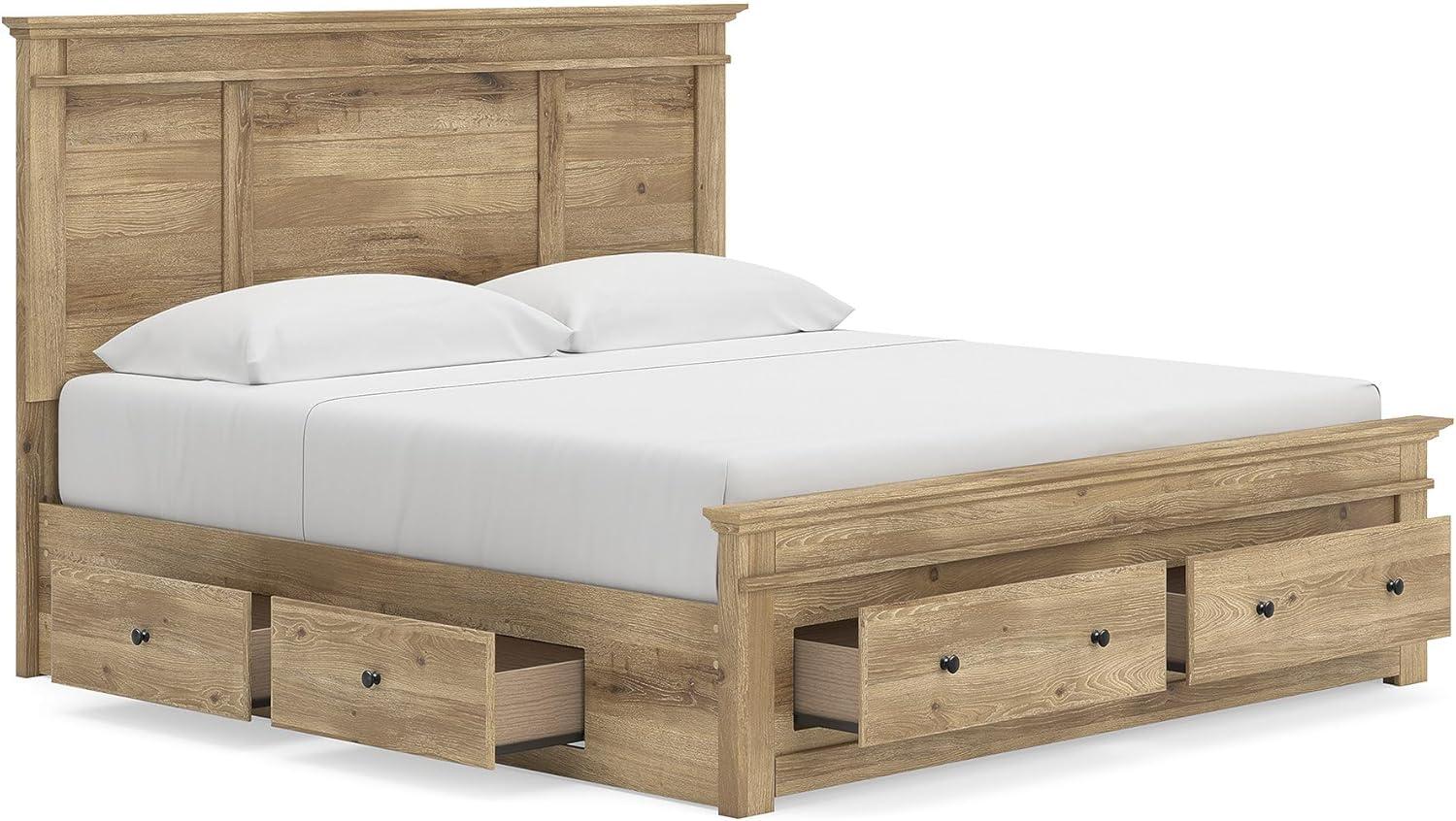 imageSignature Design by Ashley Fenderport King Platform Bed Frame with 4 Storage Drawers Panel Headboard and Footboard Cottage Bedroom Style Natural Brown
