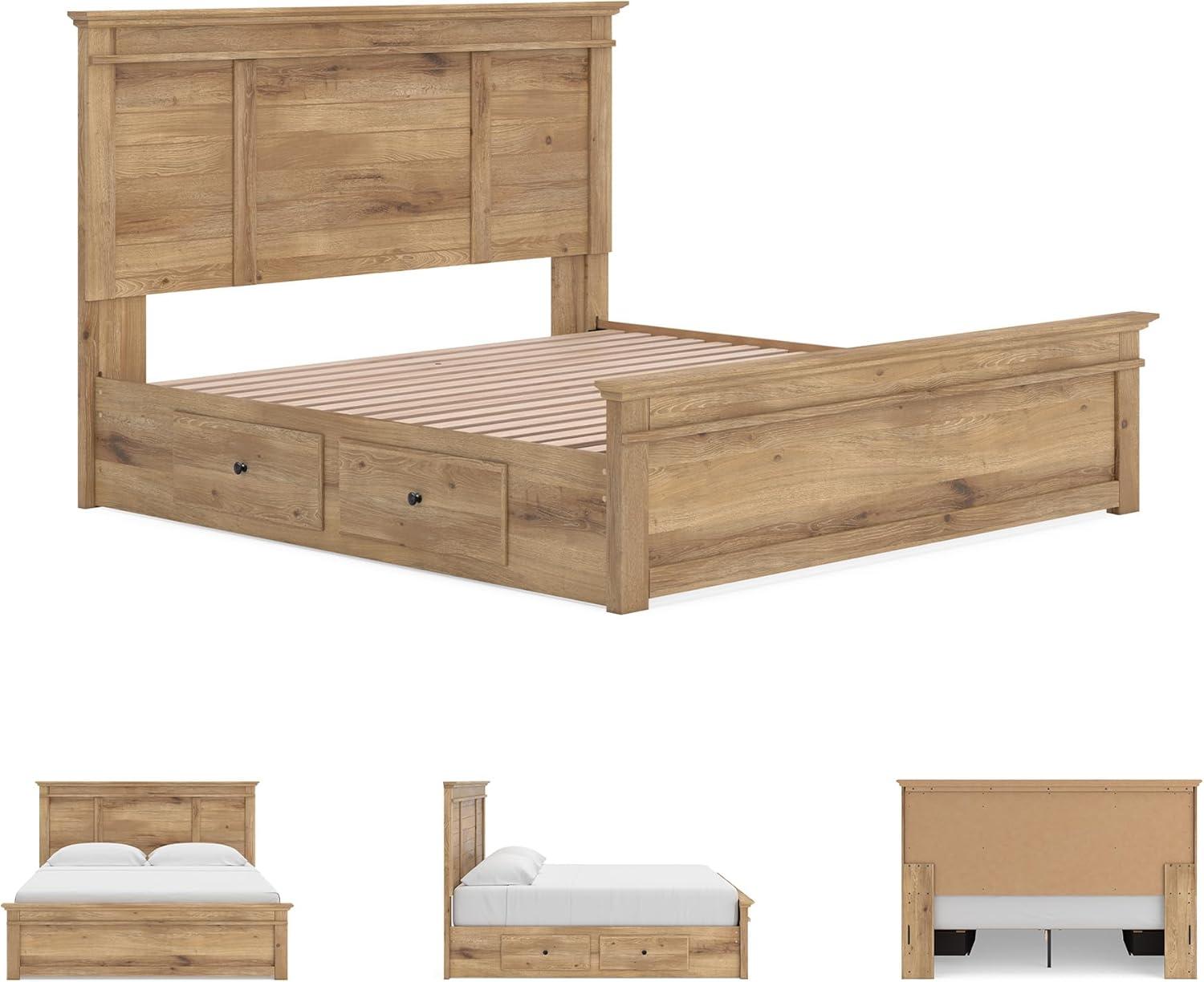 imageSignature Design by Ashley Fenderport King Platform Bed Frame with 4 Storage Drawers Panel Headboard and Footboard Cottage Bedroom Style Natural Brown