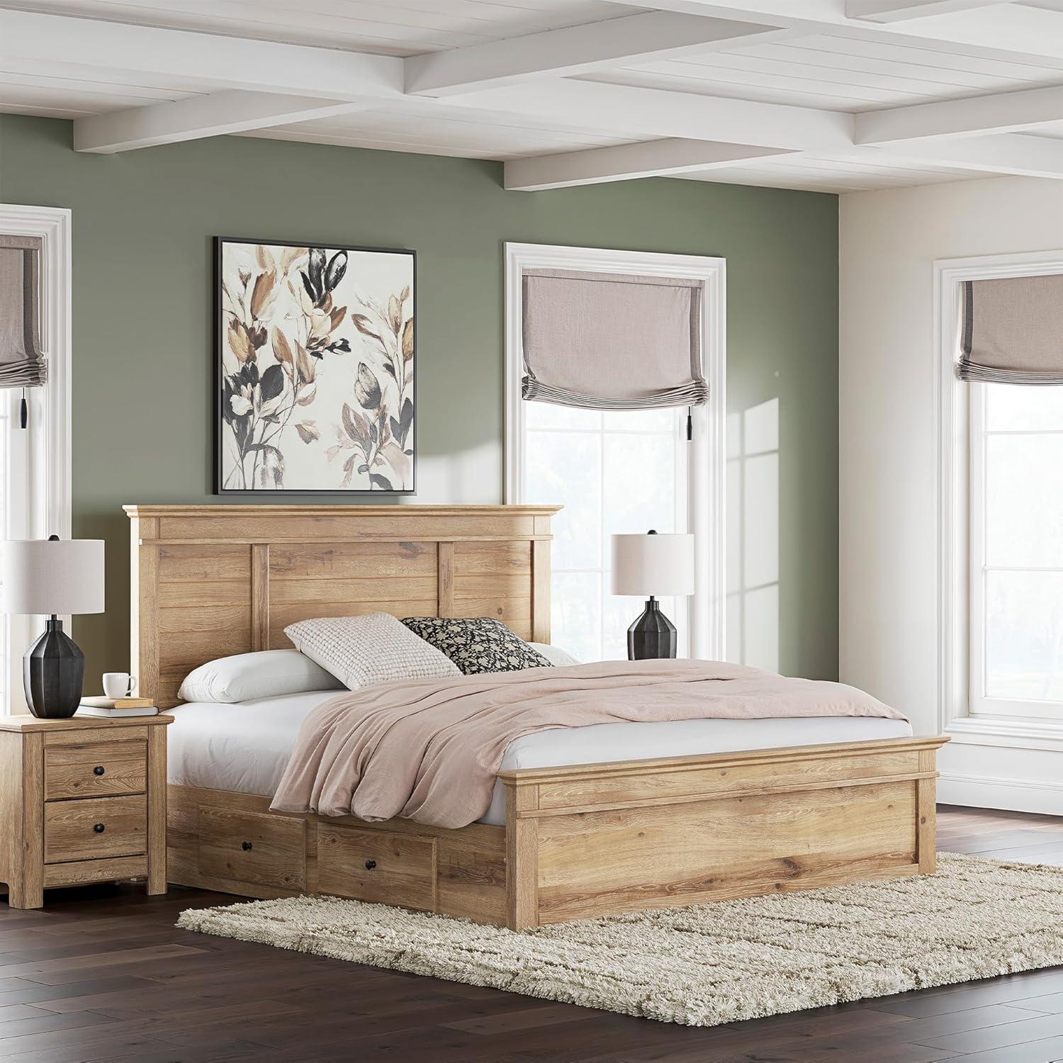 imageSignature Design by Ashley Fenderport King Platform Bed Frame with 4 Storage Drawers Panel Headboard and Footboard Cottage Bedroom Style Natural Brown
