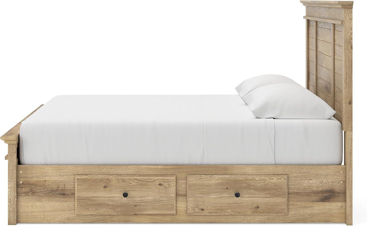 imageSignature Design by Ashley Fenderport King Platform Bed Frame with 4 Storage Drawers Panel Headboard and Footboard Cottage Bedroom Style Natural Brown