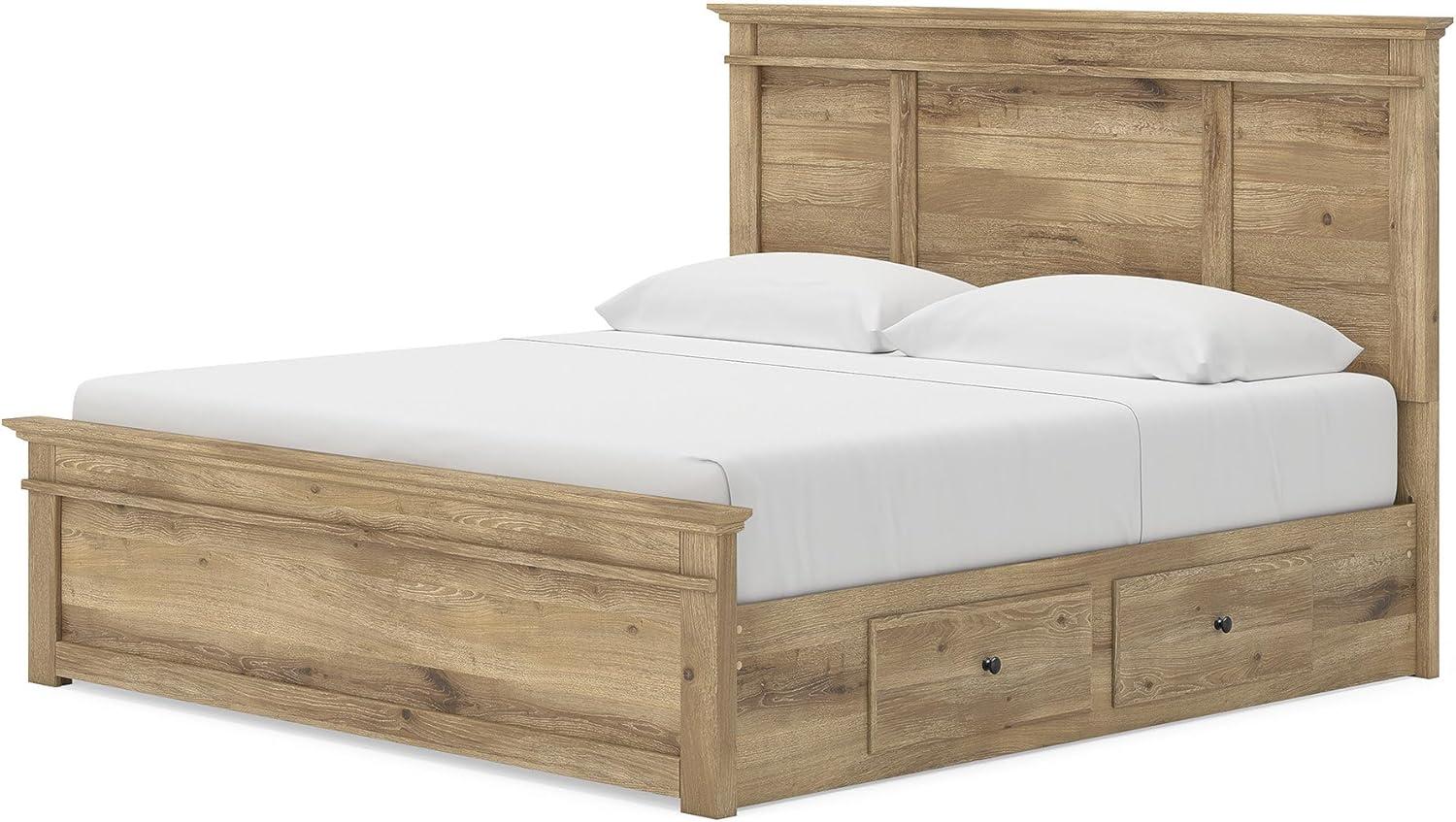 imageSignature Design by Ashley Fenderport King Platform Bed Frame with 6 Drawers Panel Headboard and Storage Footboard Cottage Bedroom Style Natural Brown