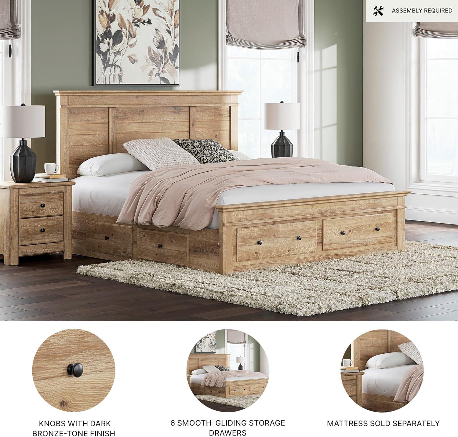 imageSignature Design by Ashley Fenderport King Platform Bed Frame with 6 Drawers Panel Headboard and Storage Footboard Cottage Bedroom Style Natural Brown