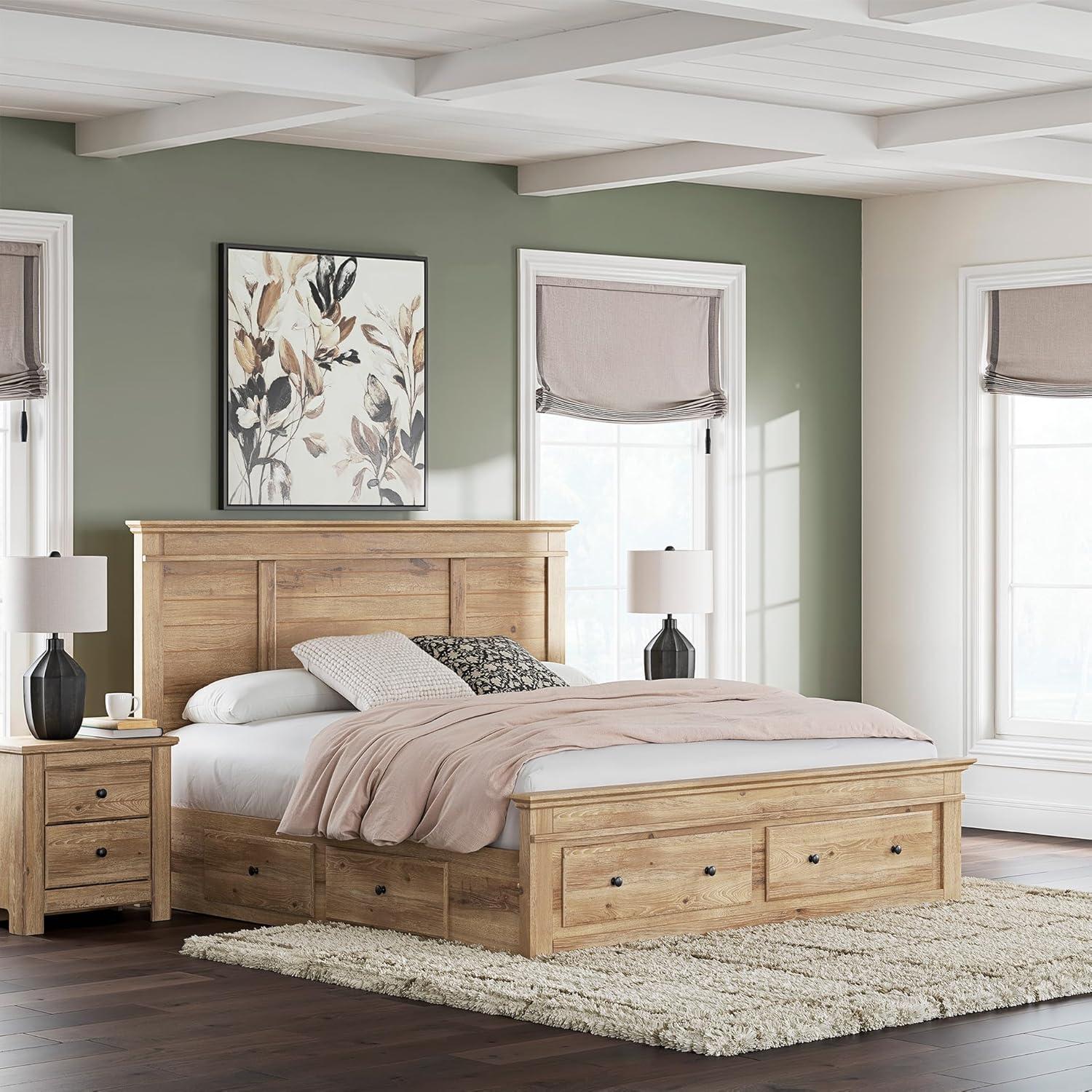 imageSignature Design by Ashley Fenderport King Platform Bed Frame with 6 Drawers Panel Headboard and Storage Footboard Cottage Bedroom Style Natural Brown