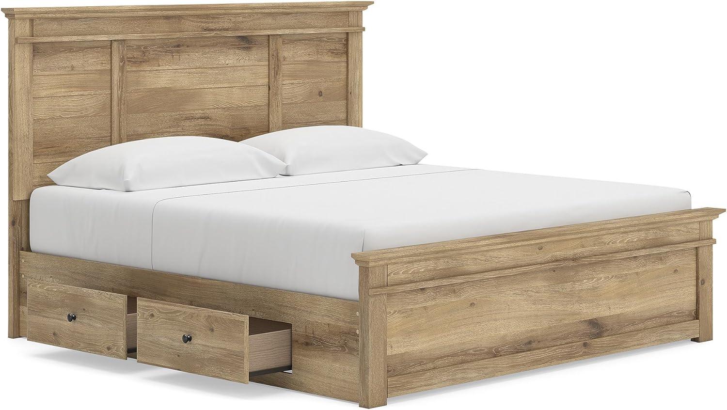 imageSignature Design by Ashley Fenderport King Platform Bed Frame with 6 Drawers Panel Headboard and Storage Footboard Cottage Bedroom Style Natural Brown