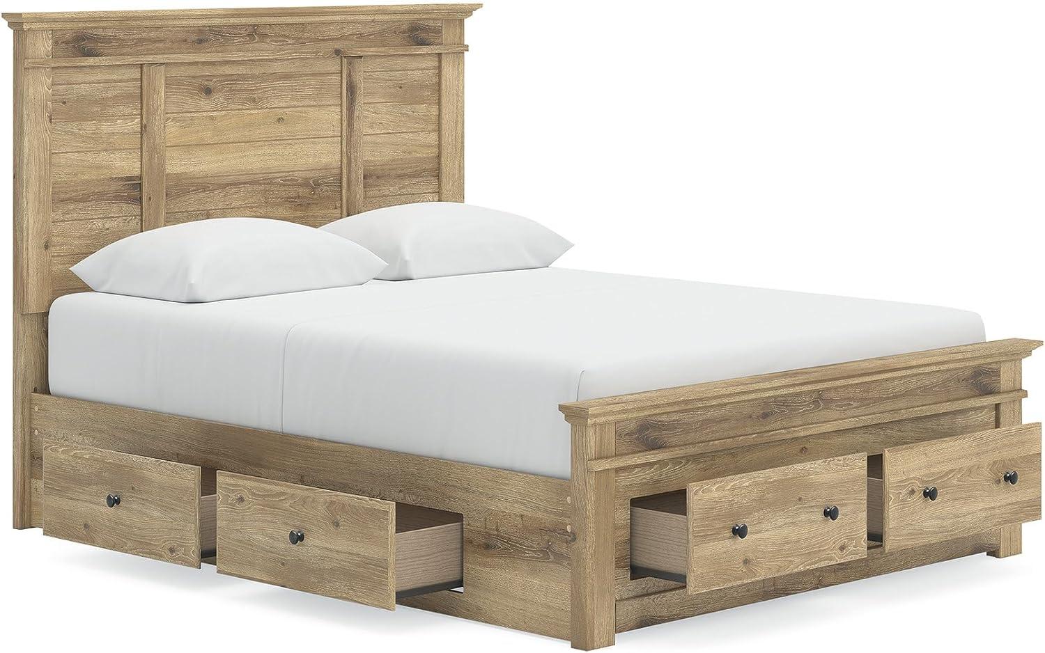 imageSignature Design by Ashley Fenderport Queen Bed Frame with Headboard Storage Drawers and Platform Design Engineered Wood for Bedroom Use Natural Brown