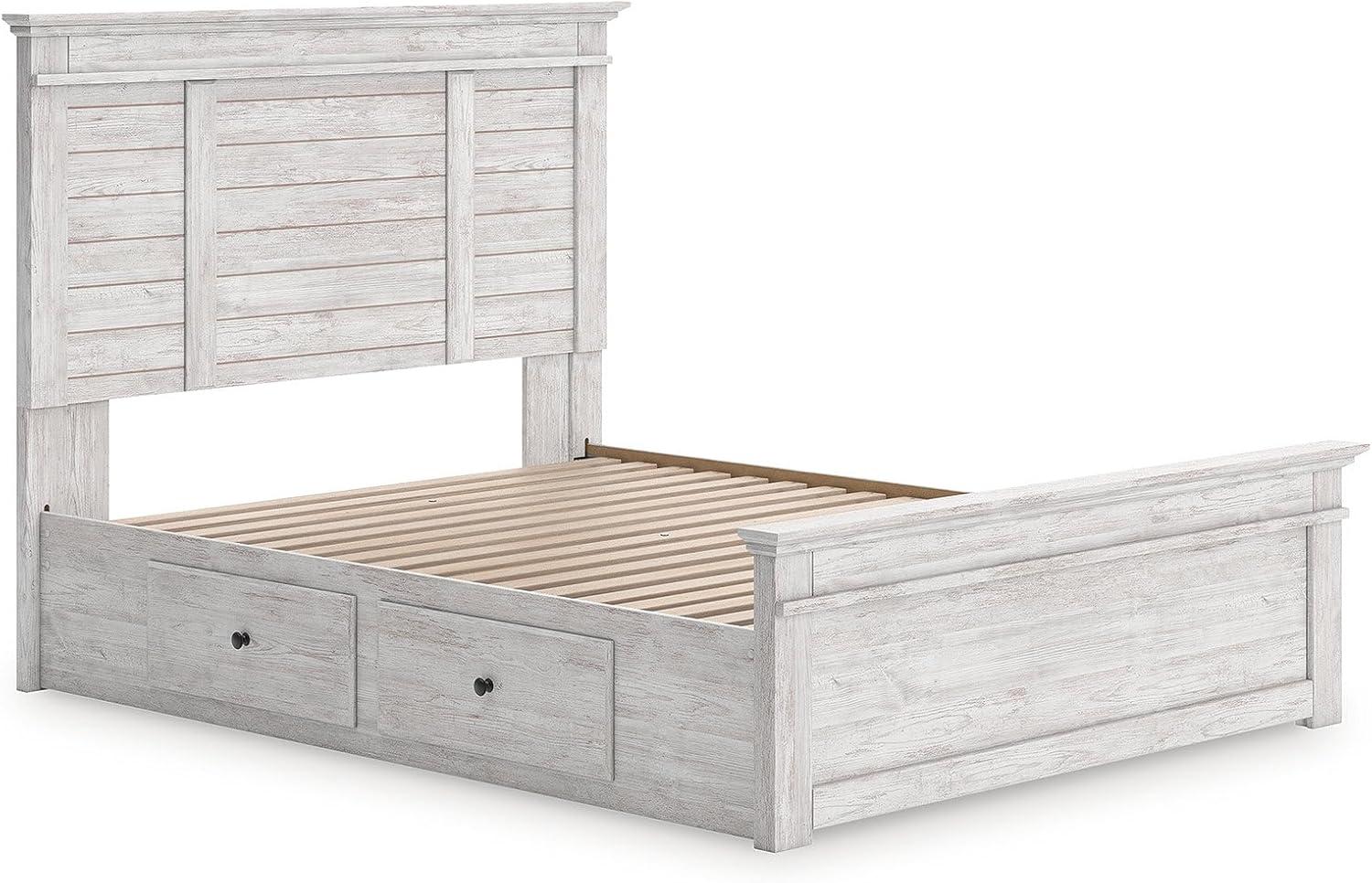 imageSignature Design by Ashley Fenderport Queen Bedframe with Storage Panel Platform Bed with Headboard Bedroom Furniture with 2 Drawers Whitewash Finish