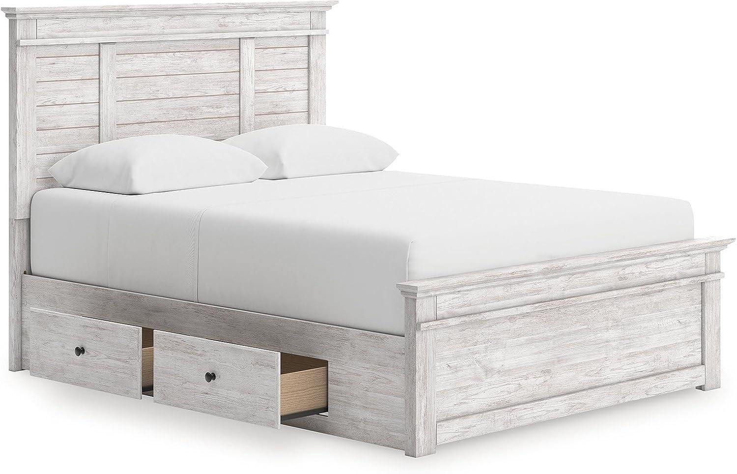 imageSignature Design by Ashley Fenderport Queen Bedframe with Storage Panel Platform Bed with Headboard Bedroom Furniture with 2 Drawers Whitewash Finish