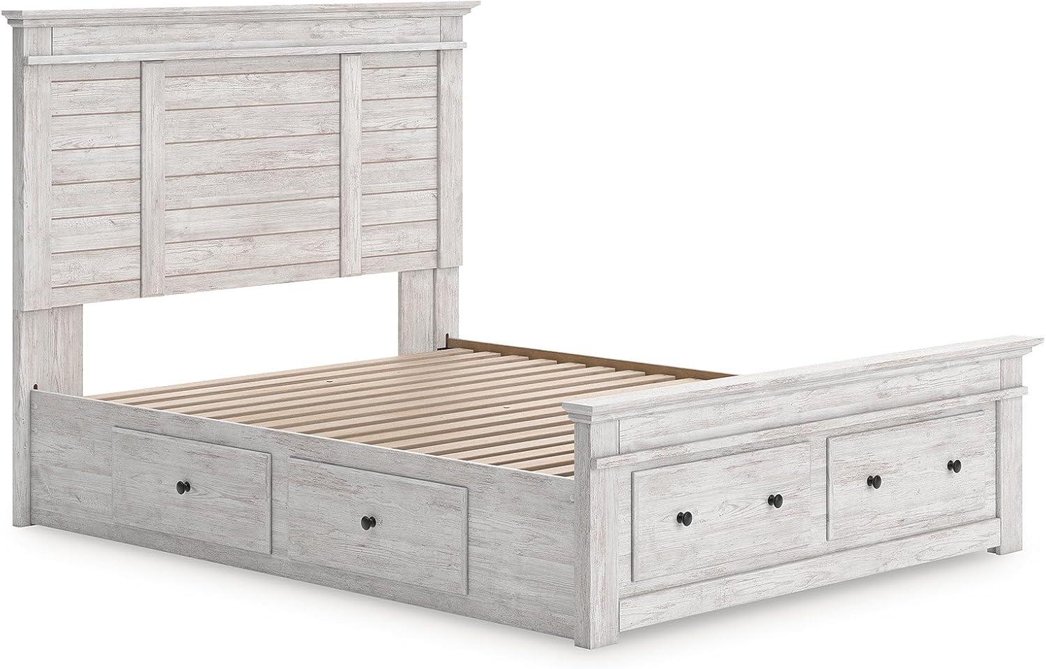imageSignature Design by Ashley Fenderport Queen Panel Storage Bed Platform Bedframe with Headboard and Four Drawers Whitewash Finished Bedroom Furniture