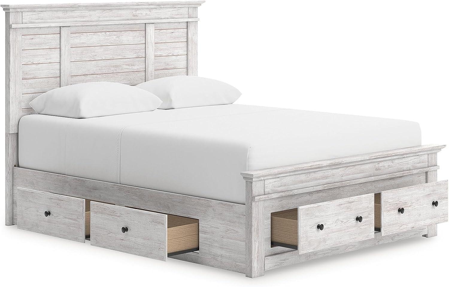 imageSignature Design by Ashley Fenderport Queen Panel Storage Bed Platform Bedframe with Headboard and Four Drawers Whitewash Finished Bedroom Furniture