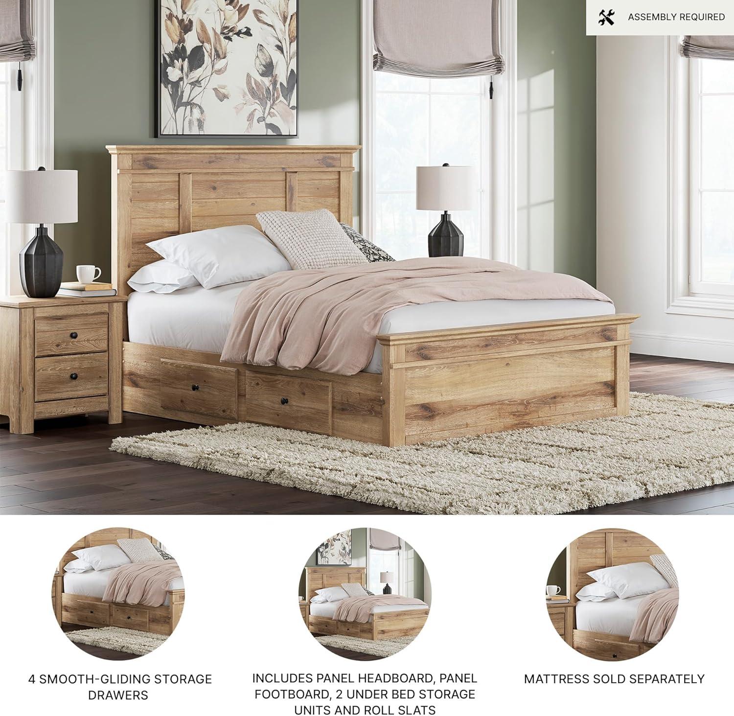 imageSignature Design by Ashley Fenderport Queen Size Bedframe with Storage Platform Bed with Headboard Panel Footboard and 4 Drawers Bedroom Furniture Natural Brown