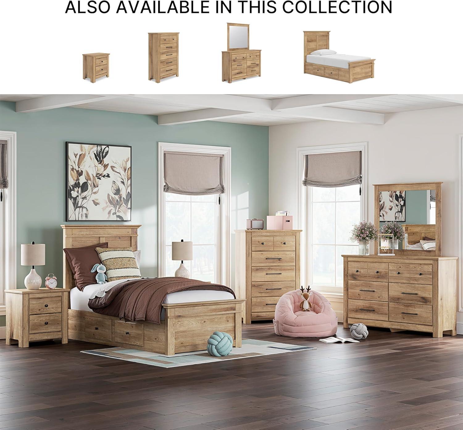 imageSignature Design by Ashley Fenderport Twin Bedframe with Headboard and 4 Storage Drawers Panel Platform Bed CottageInspired Bedroom Furniture Natural Brown