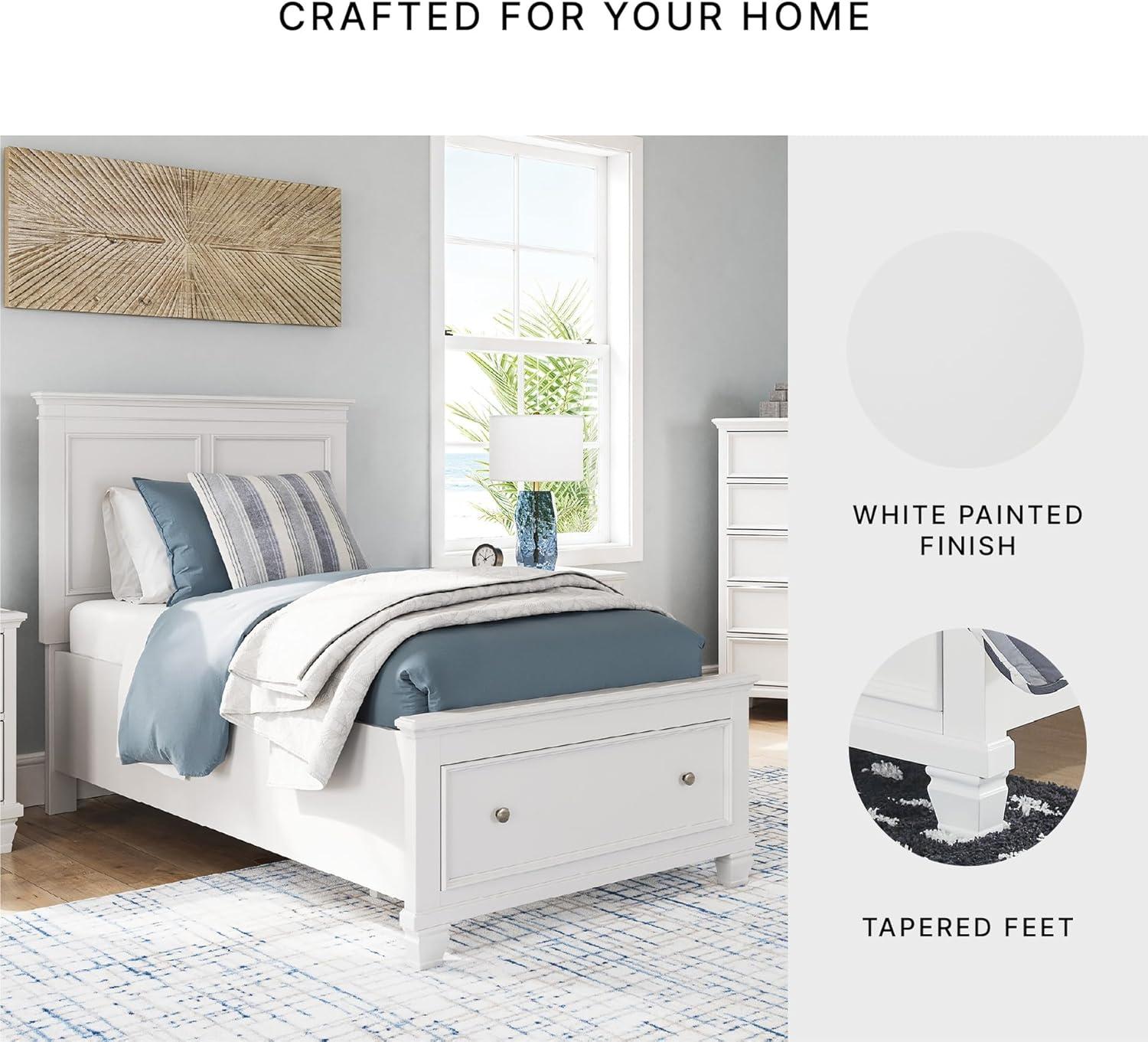 imageSignature Design by Ashley Fortman Twin Bed Frame with Headboard Storage Footboard with Drawer Platform Design Hardwood Solids and MDF Casual Bedroom Furniture White