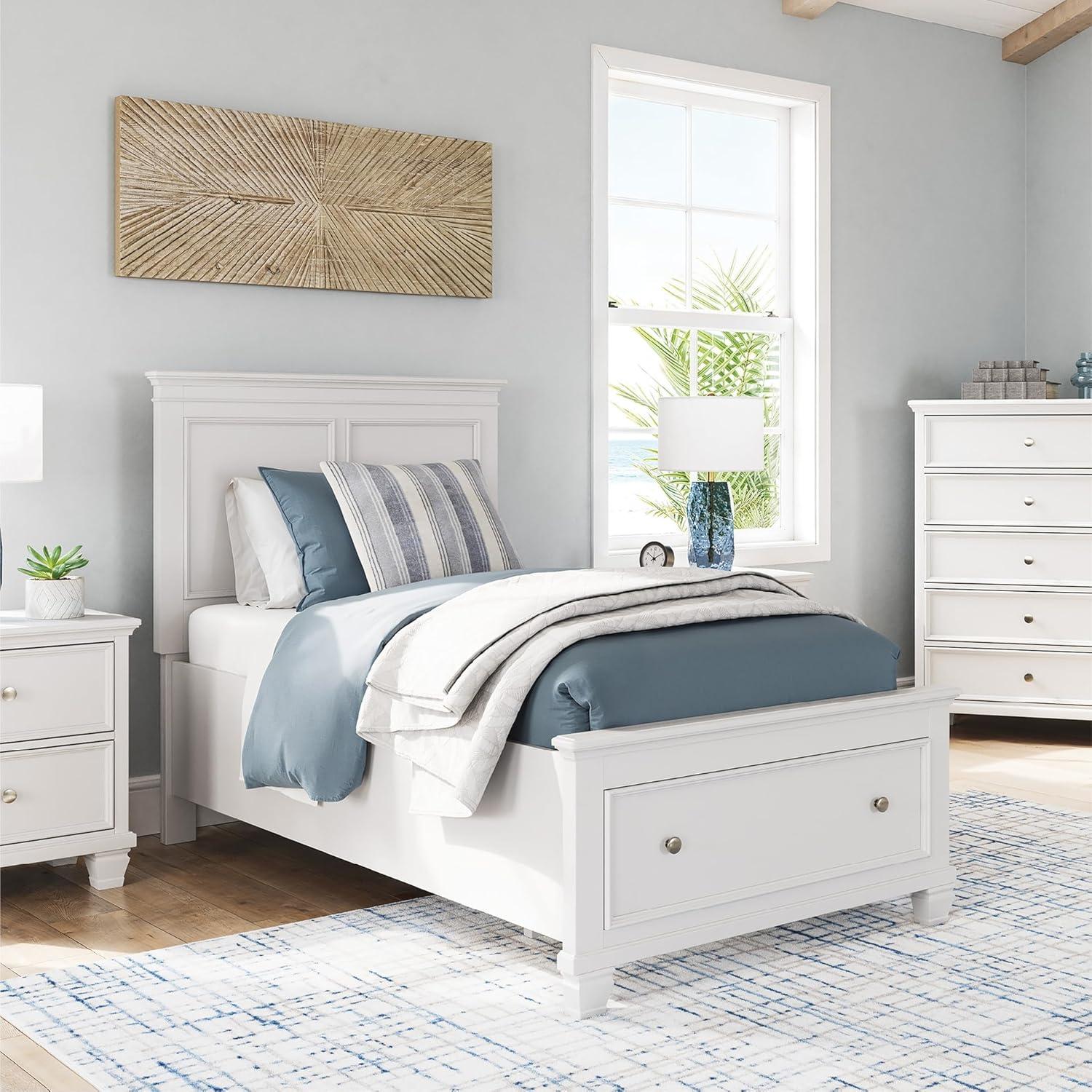imageSignature Design by Ashley Fortman Twin Bed Frame with Headboard Storage Footboard with Drawer Platform Design Hardwood Solids and MDF Casual Bedroom Furniture White